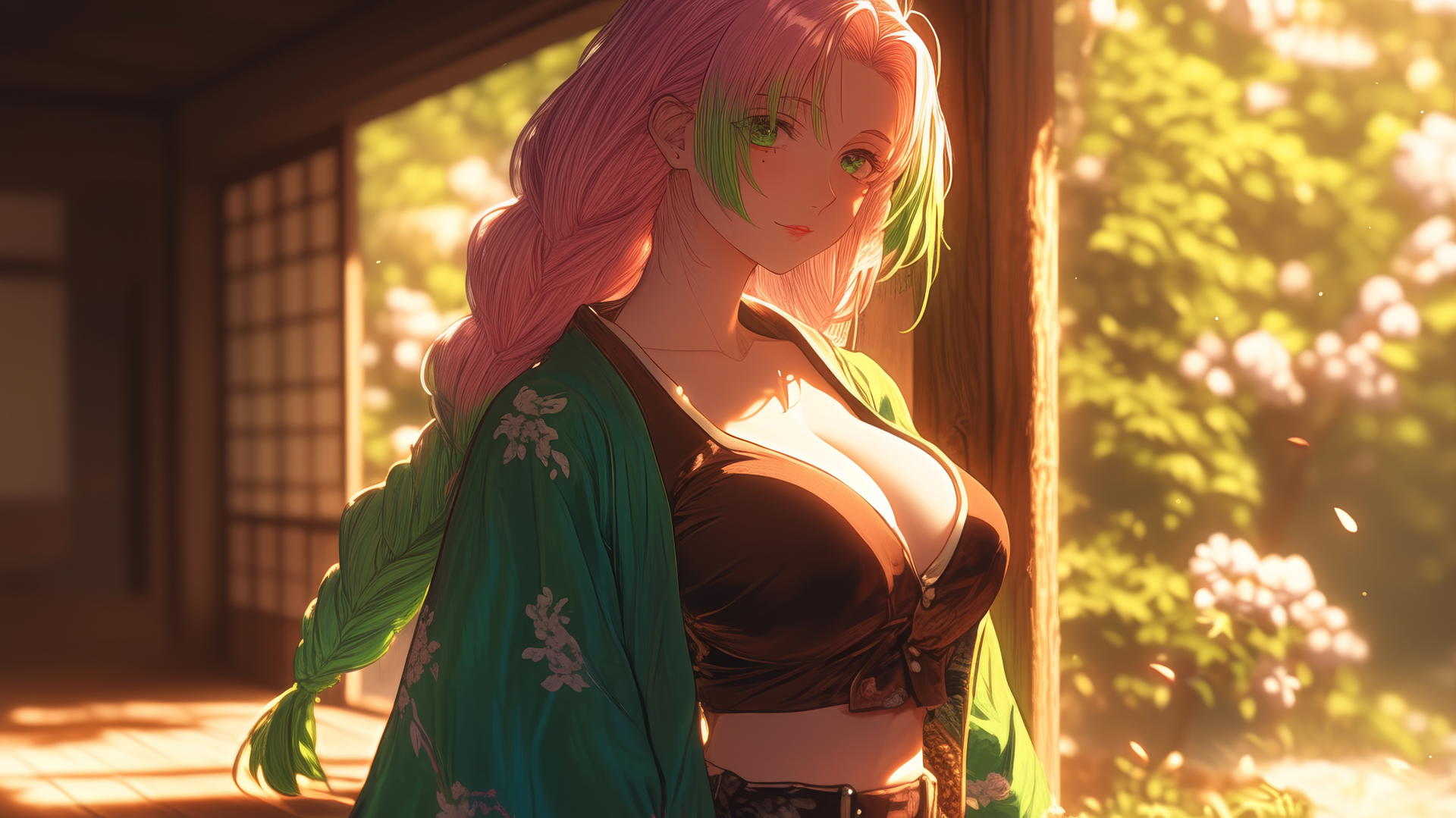 Mitsuri Kanroji standing in her house at sunrise, pink to lime green hair glowing softly.
