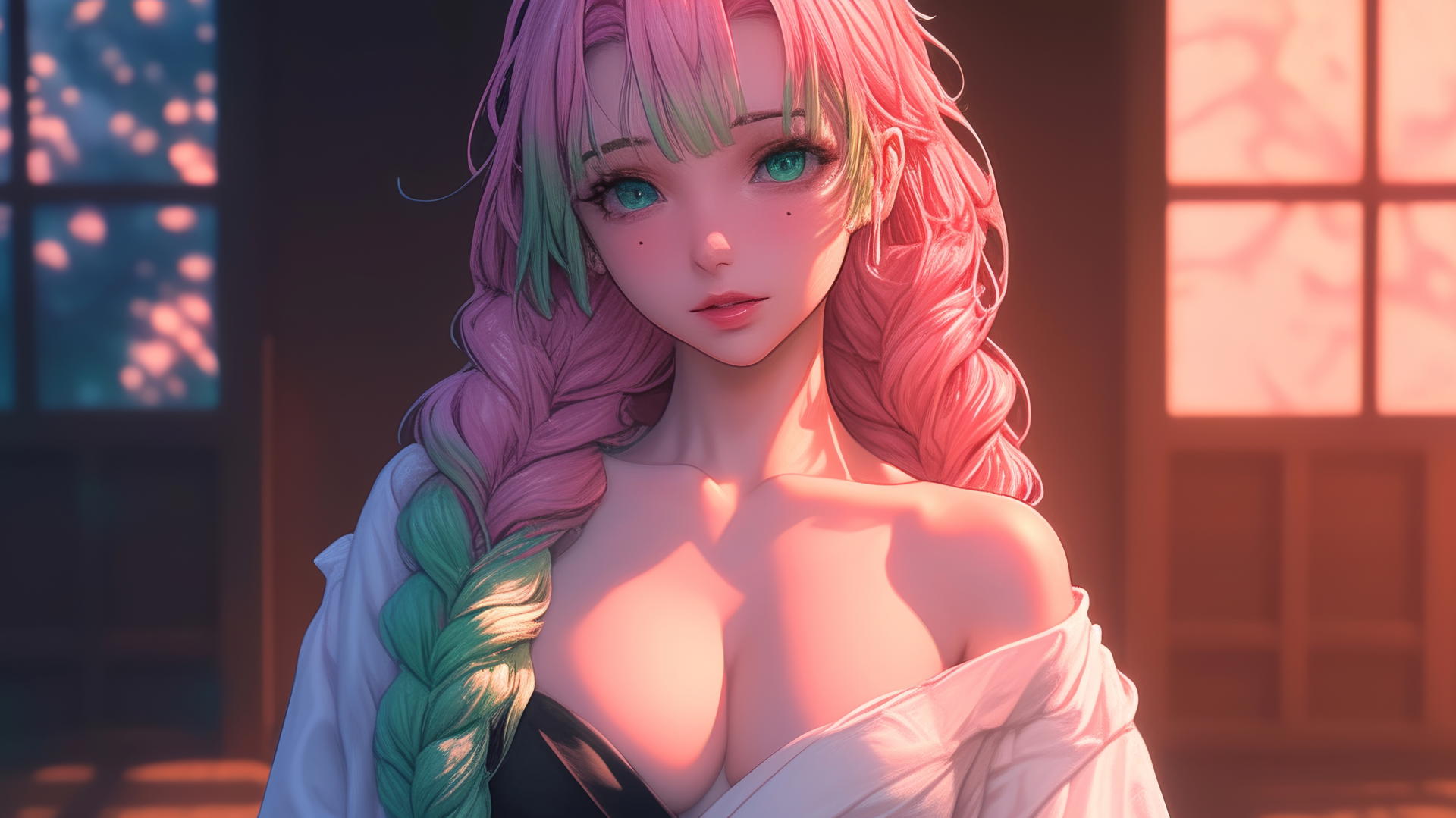 Mitsuri Kanroji standing in her house at sunrise with soft glowing light