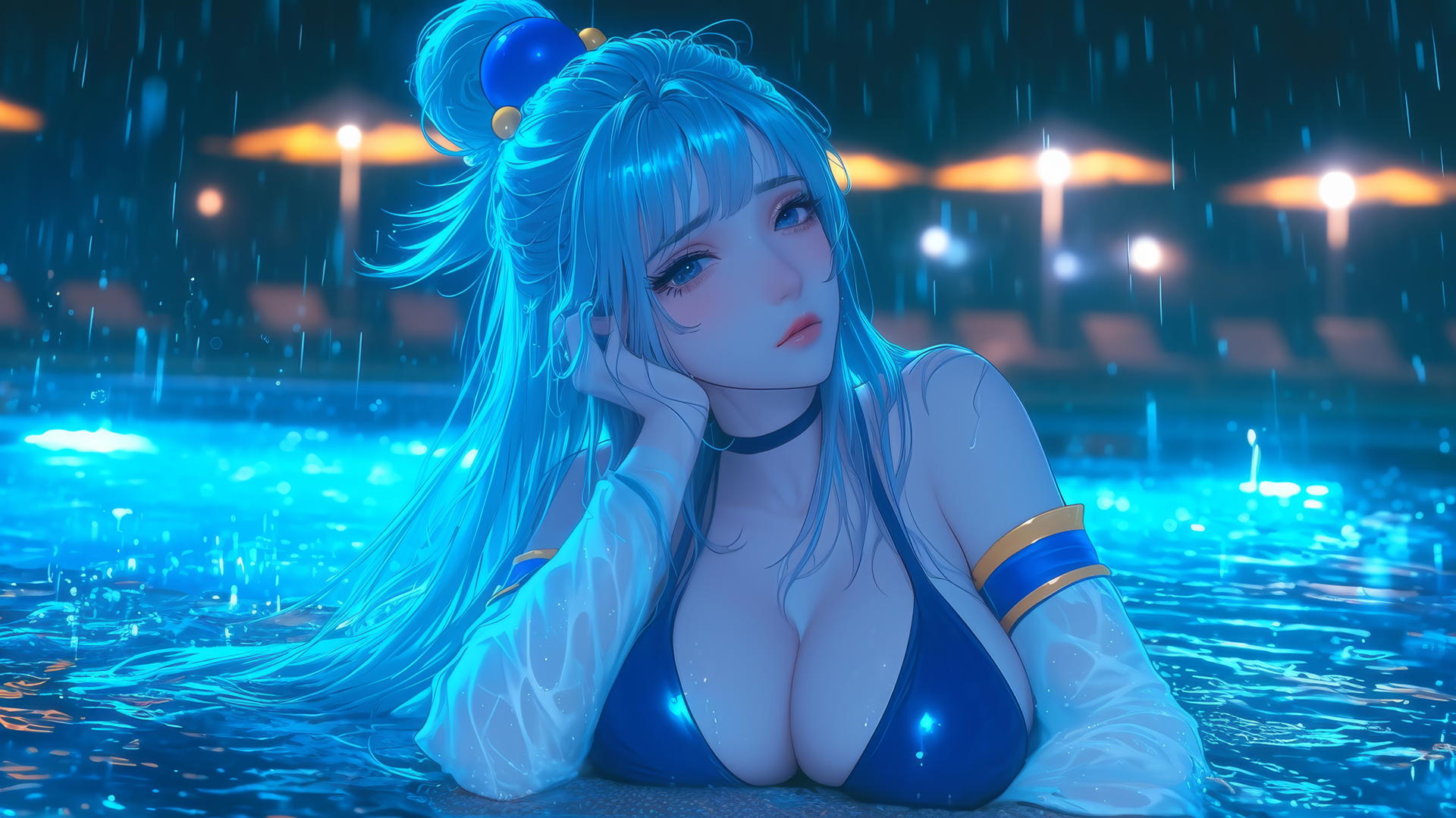 Aqua from KonoSuba resting by a rainy swimming pool under moonlight.