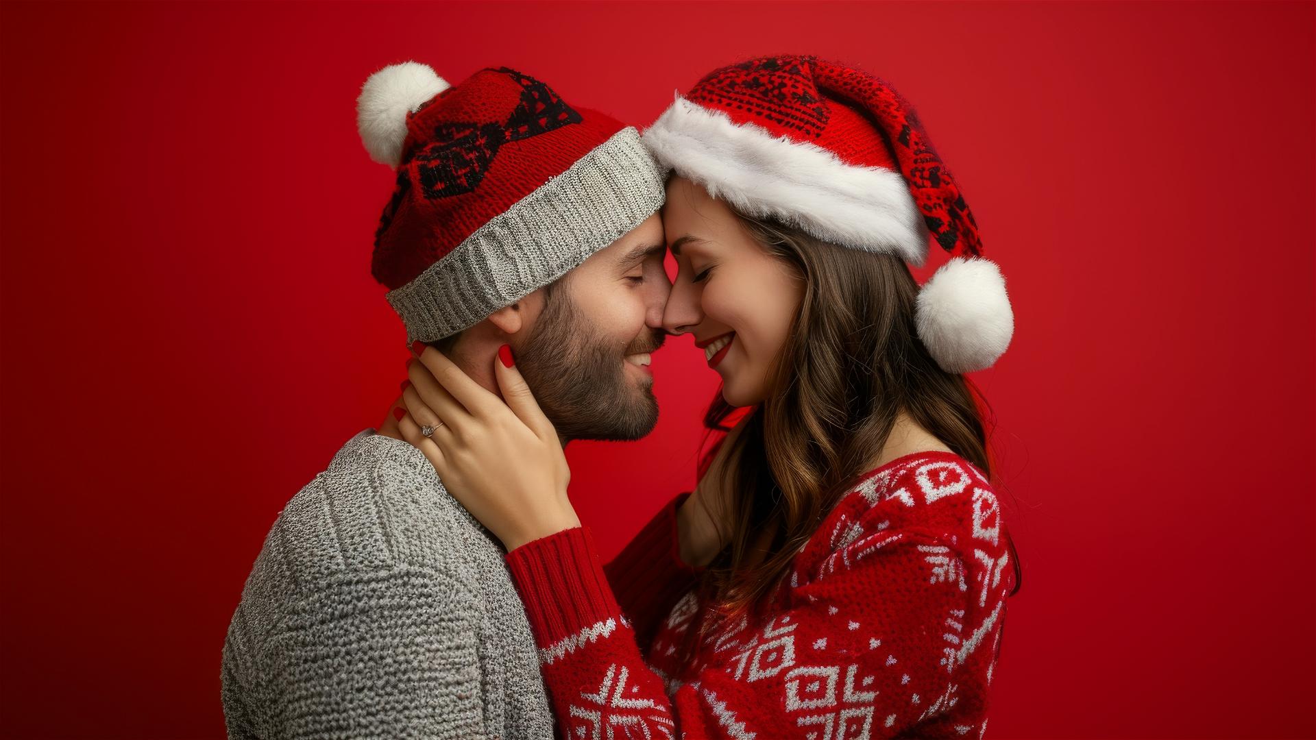 Two lovers kissing in Christmas outfits