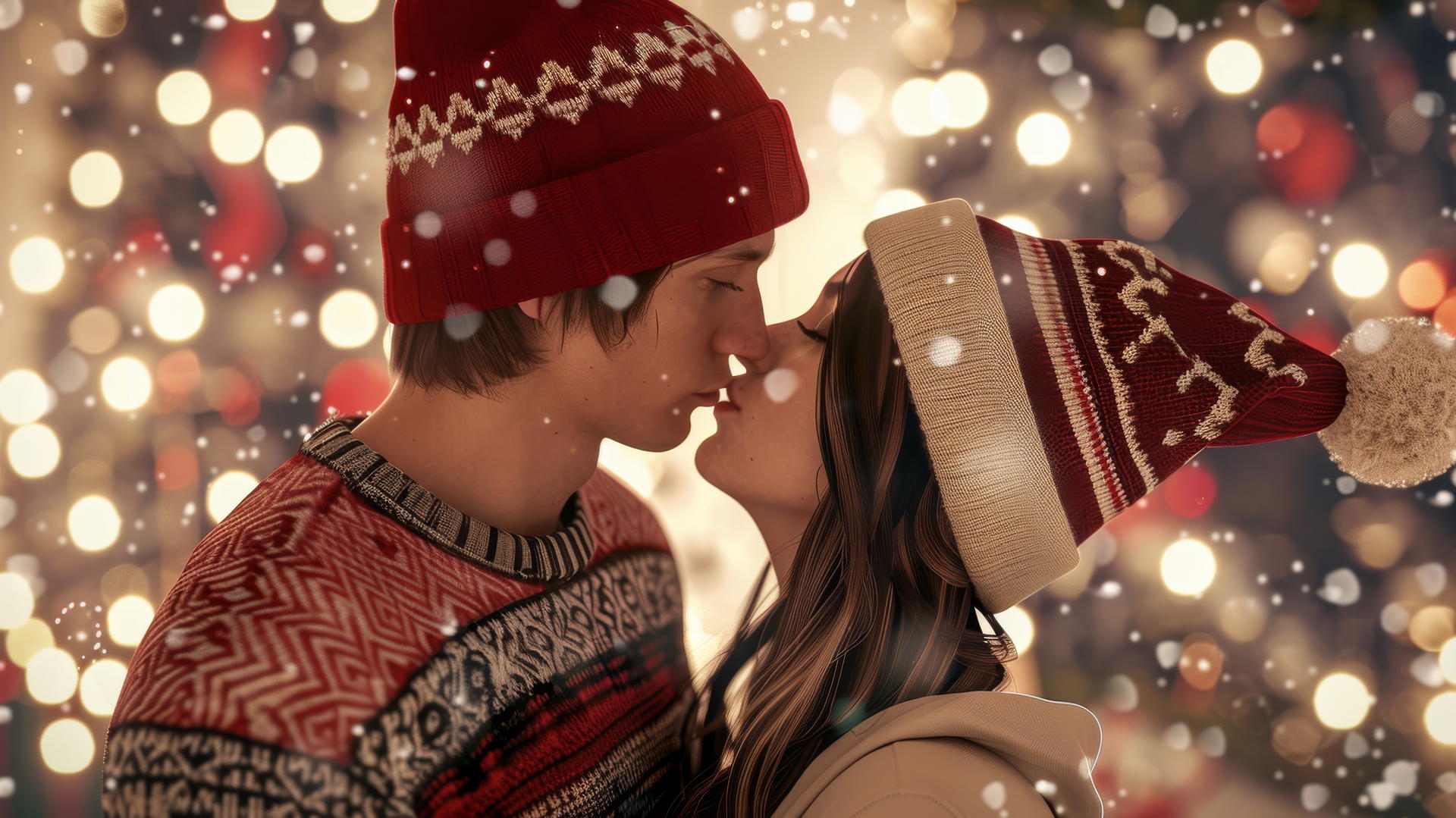 Two lovers kissing in Christmas outfits