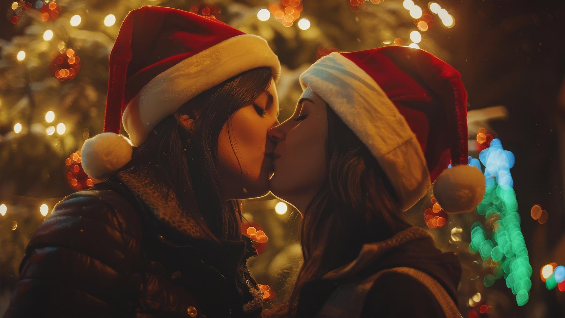 Two lovers kissing in Christmas outfits