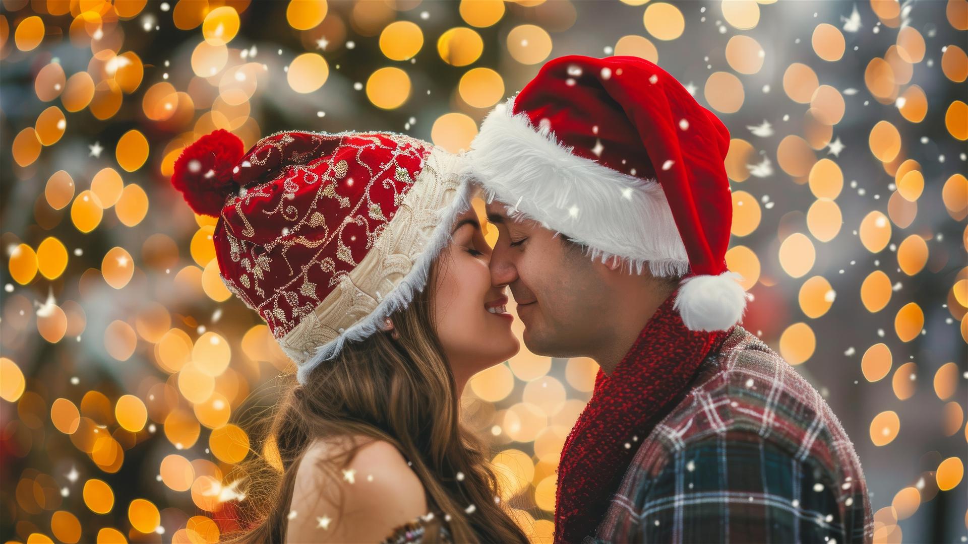 Two lovers kissing in Christmas outfits