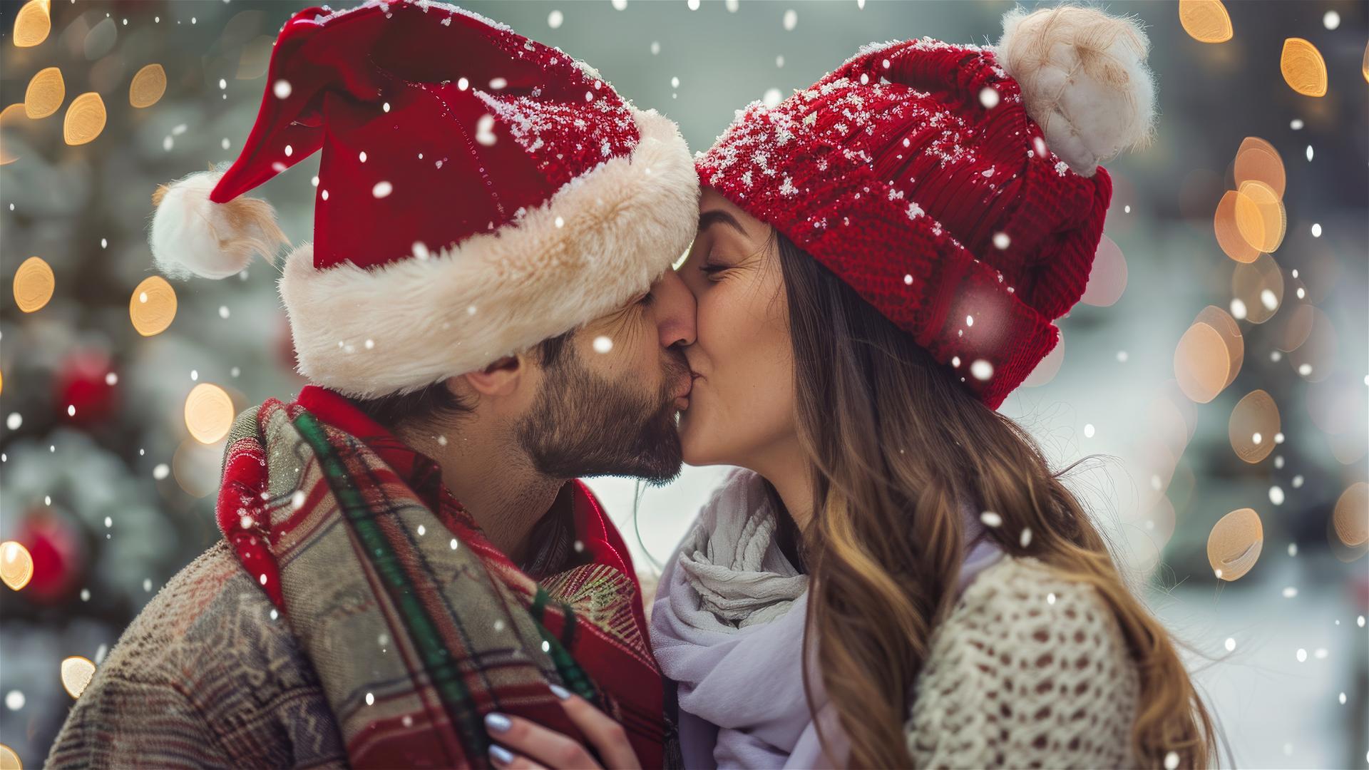 Two lovers kissing in Christmas outfits
