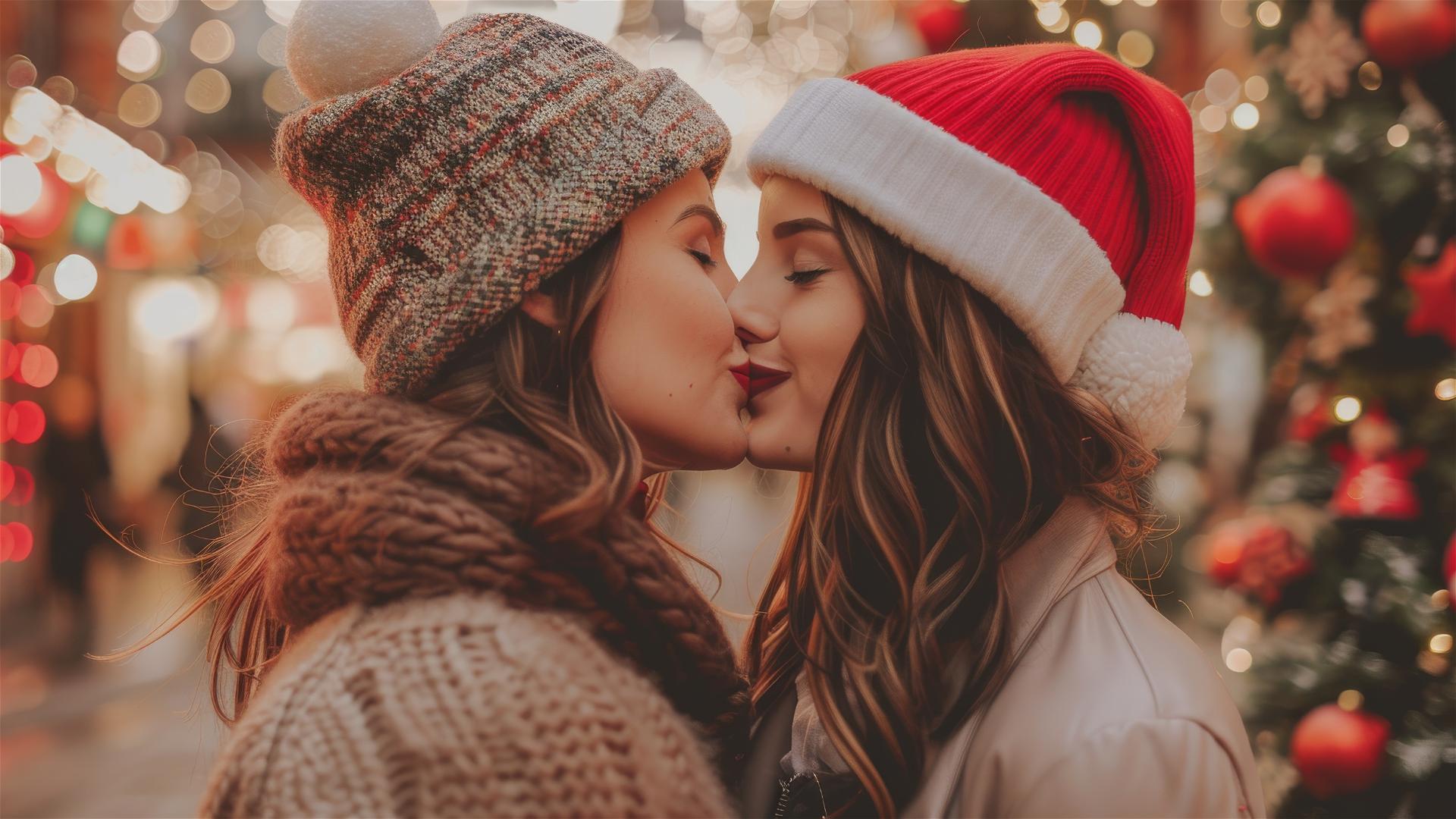 Two women kissing in Christmas outfits