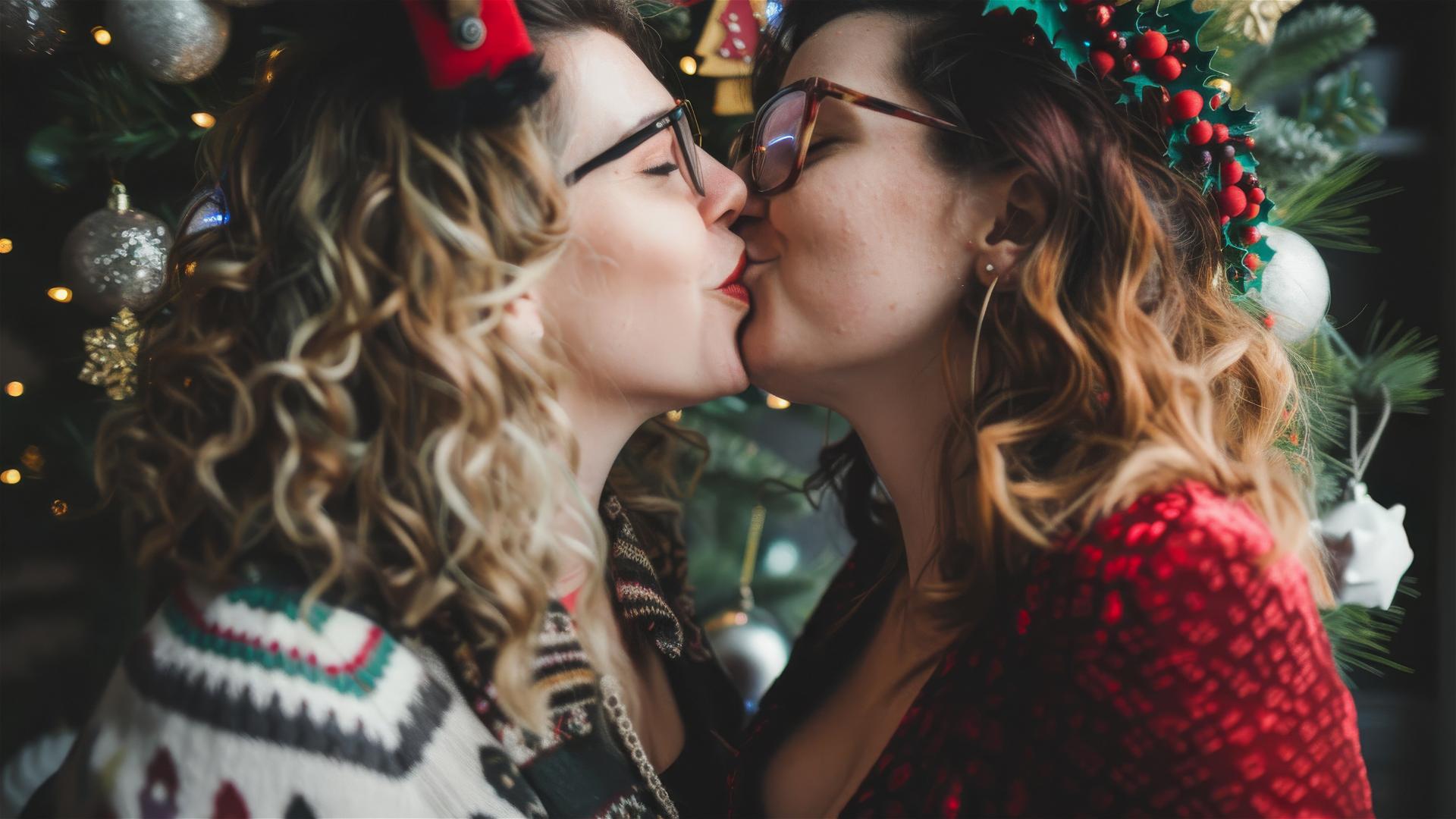 Two women kissing in Christmas outfits