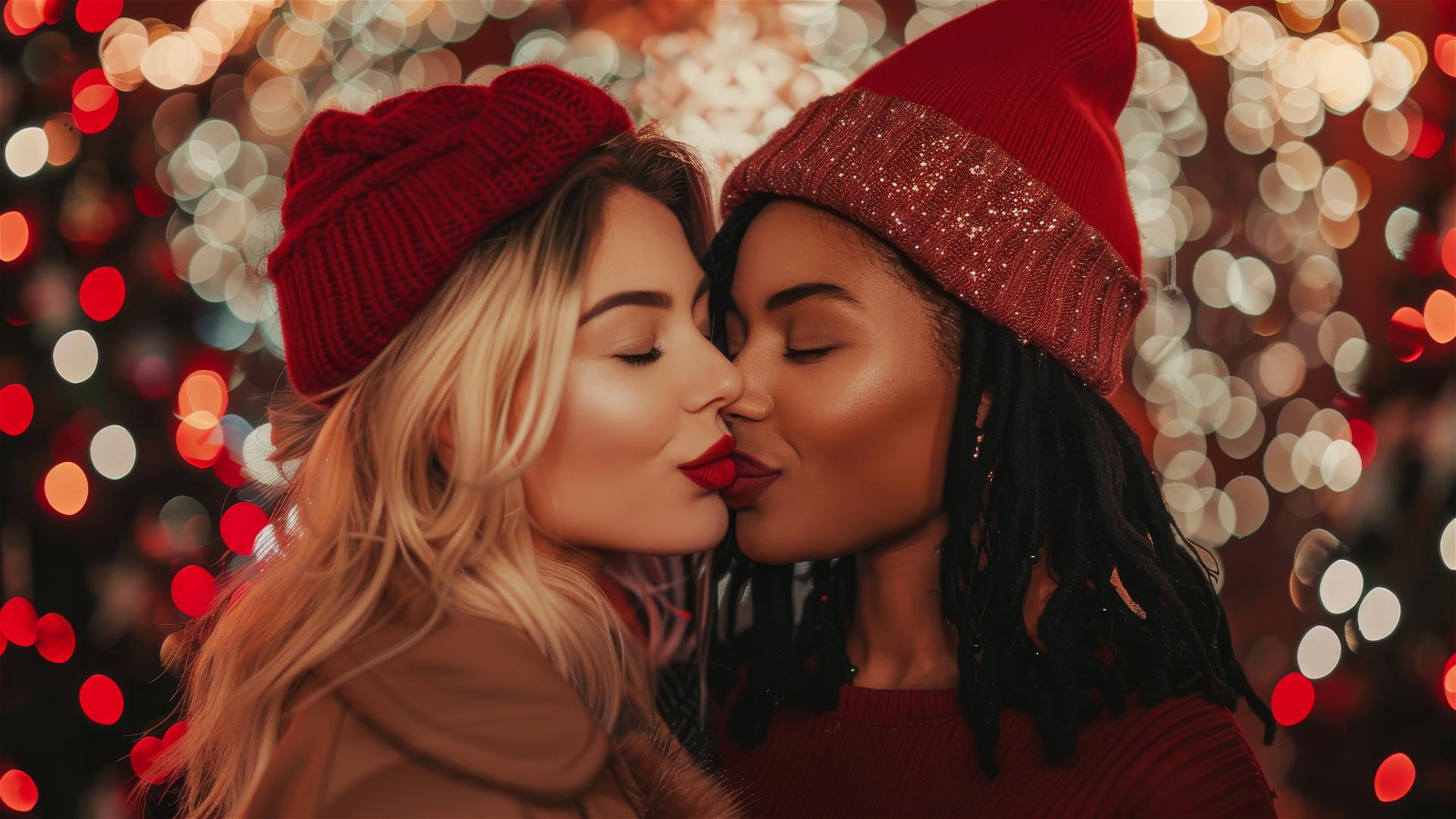 Two women kissing in Christmas outfits