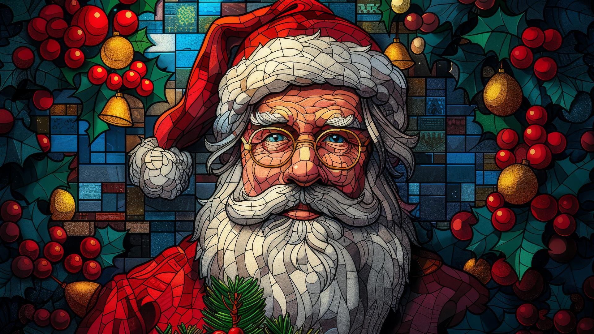 Santa Claus holding holly in front of Styrofoam stained glass