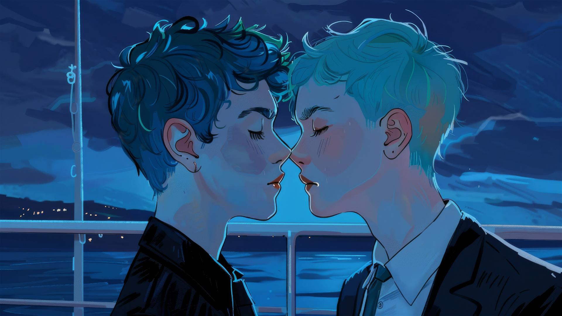 Close-up of two 17-year-old boys, one with blue hair and the other with ginger hair, almost kissing on a cruise ship deck with an ocean background at night.
