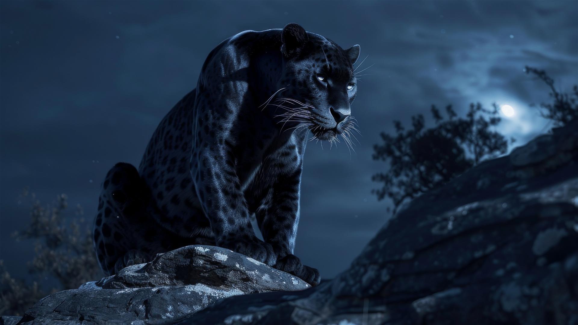 Close-up of a black panther on a moonlit rocky ledge