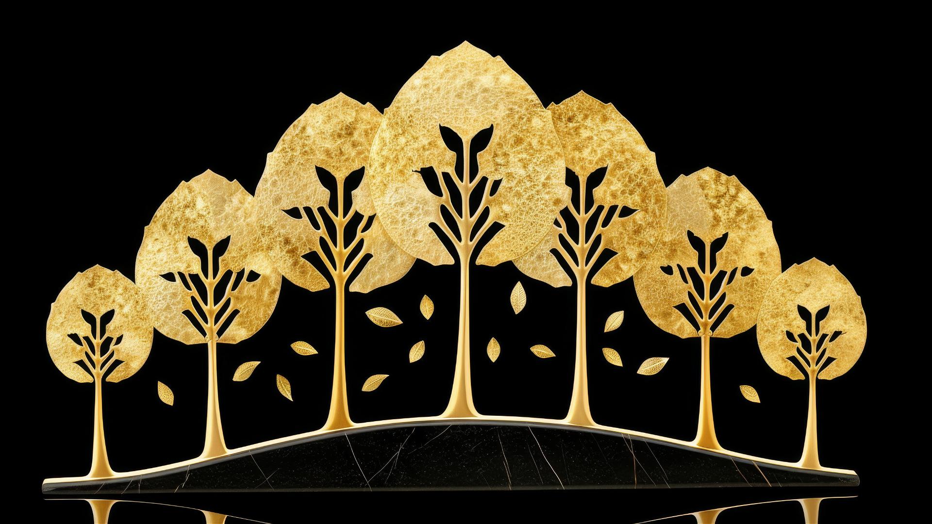Klimt-inspired forest with hidden creatures under starry sky at sunset