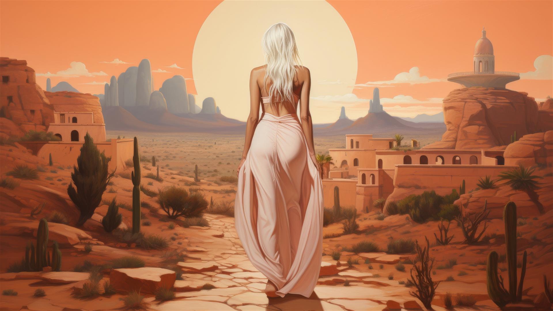 White-haired woman in terracotta dress in desert, cacti and moon visible