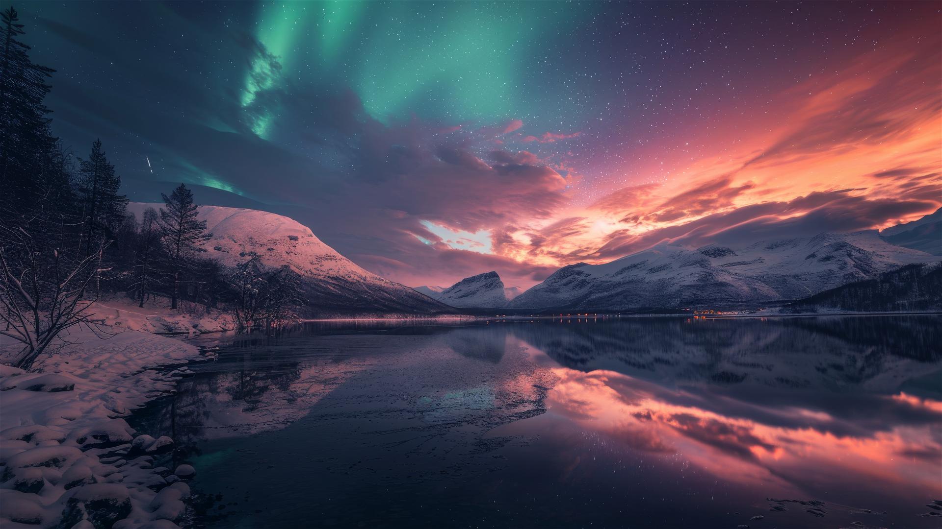 Nordic village with aurora and reindeer under starry sky