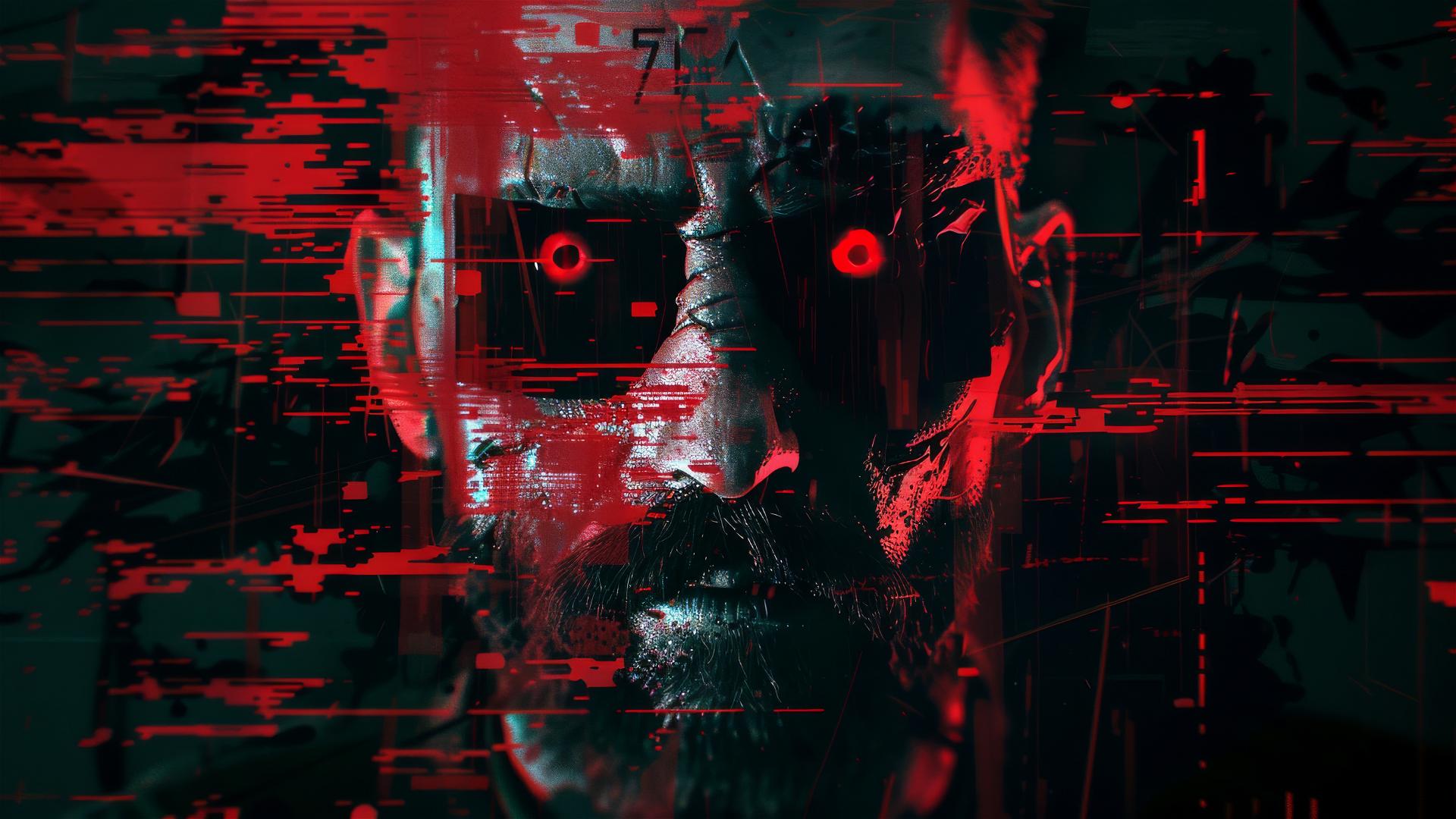 Creepy VHS glitched man with red cybernetic eyes against a cosmic backdrop