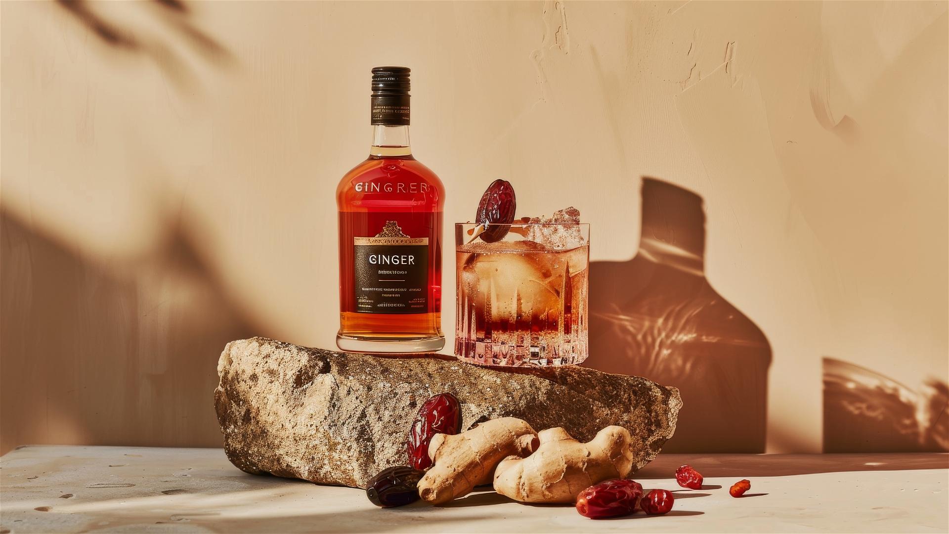 Brandy bottle labeled 'GINGER' and ginger cocktail on rock with dried red dates.