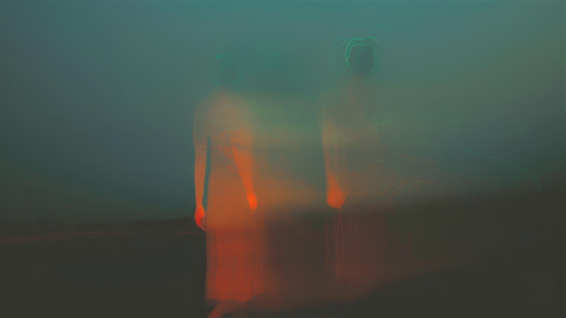 dual figures with ethereal light and soft focus neon shadows