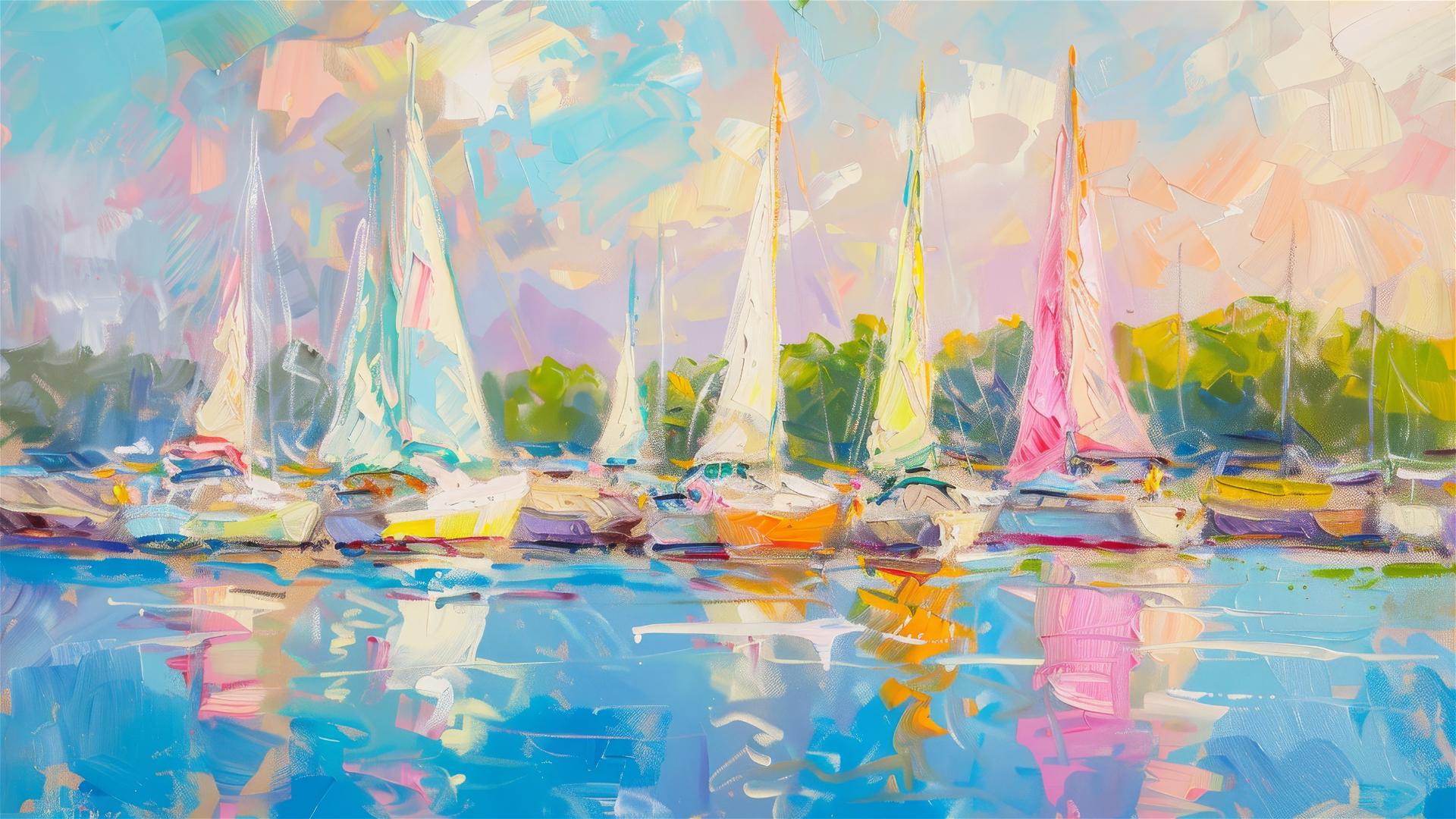 Sailboats at marina in pastel colors with green trees and blue sky background