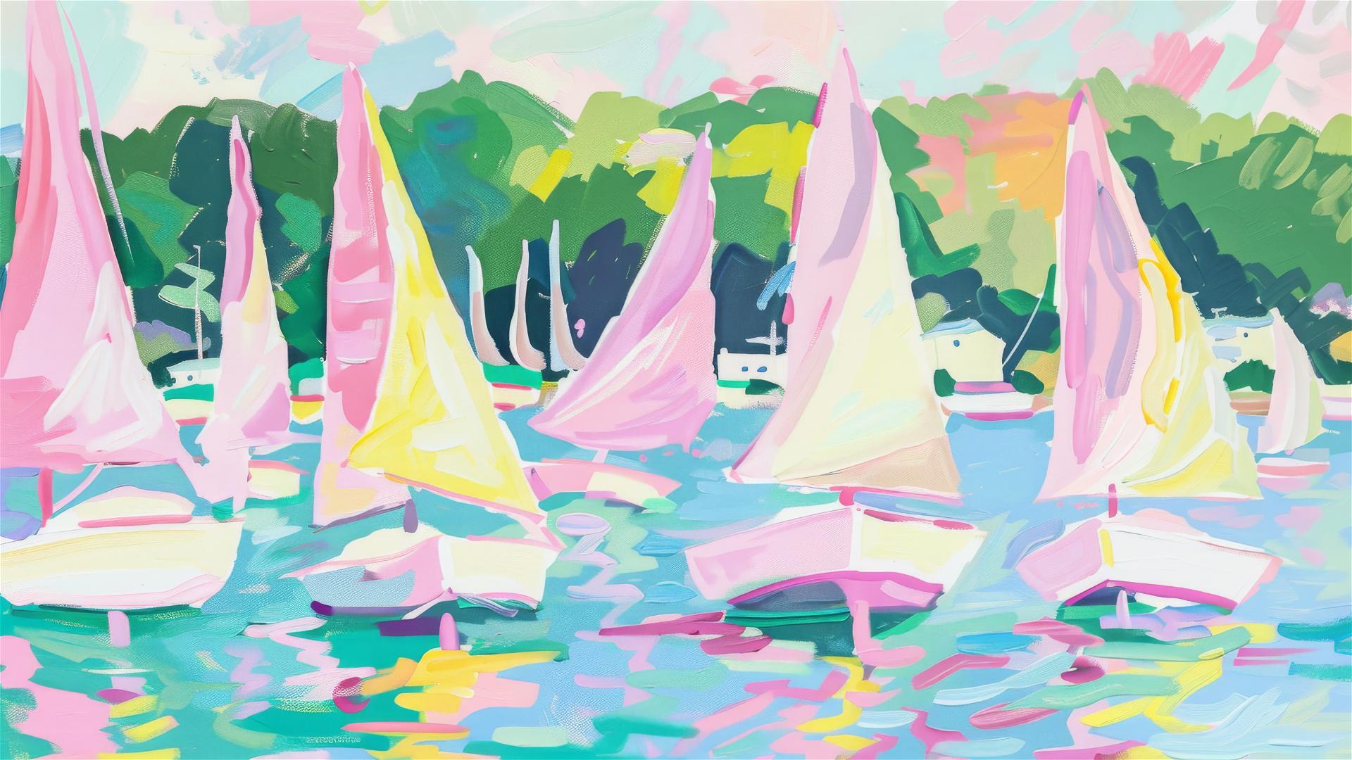 Sailboats at the marina in pastel colors with green trees and blue sky