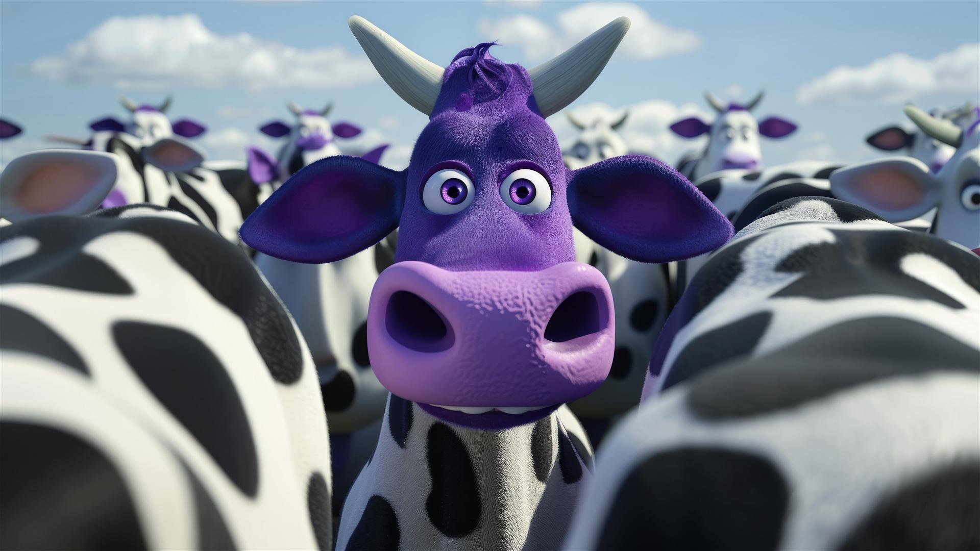 Purple Pixar cow amidst plain cows in a 3D rendered cartoon