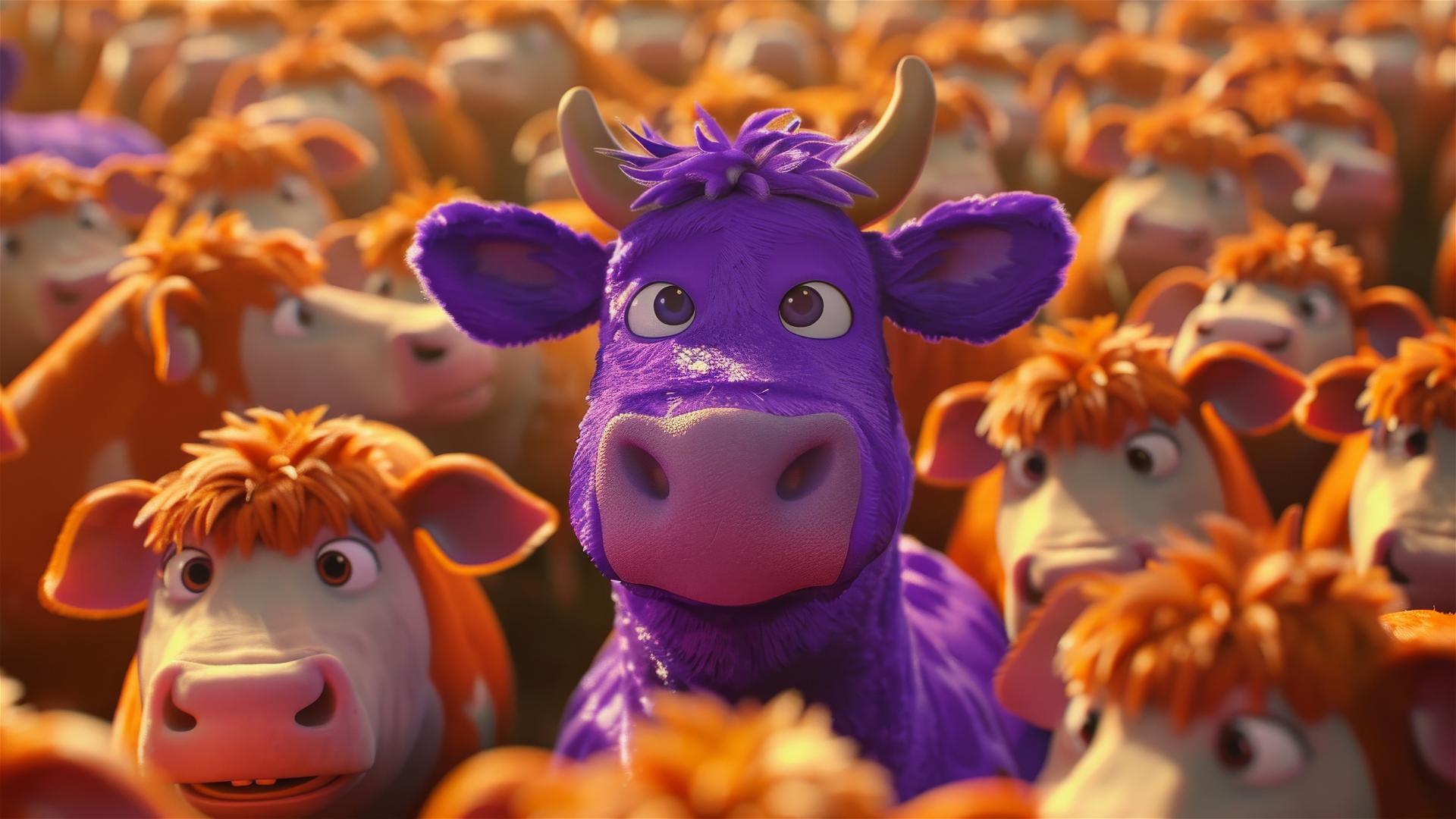 Purple cow cartoon among plain cows, 3D Disney Pixar style