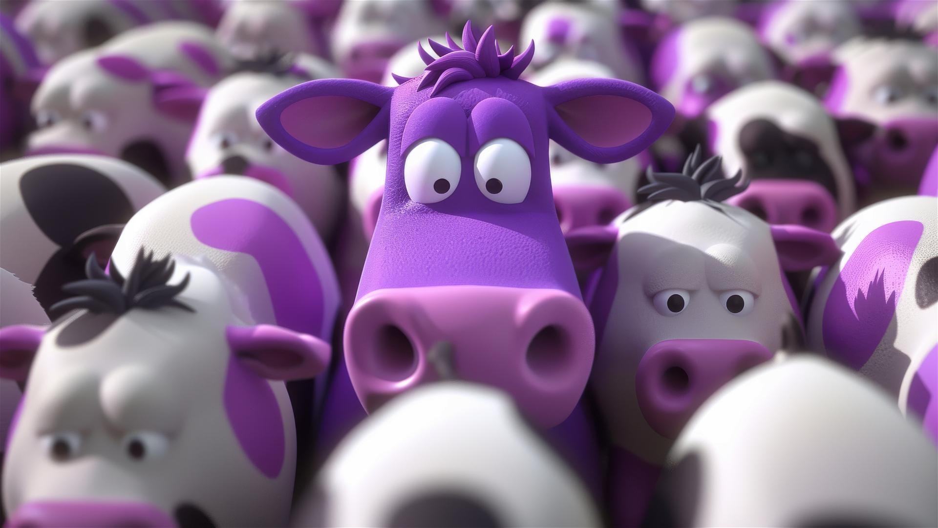 3D Disney Pixar style purple cow with plain cows