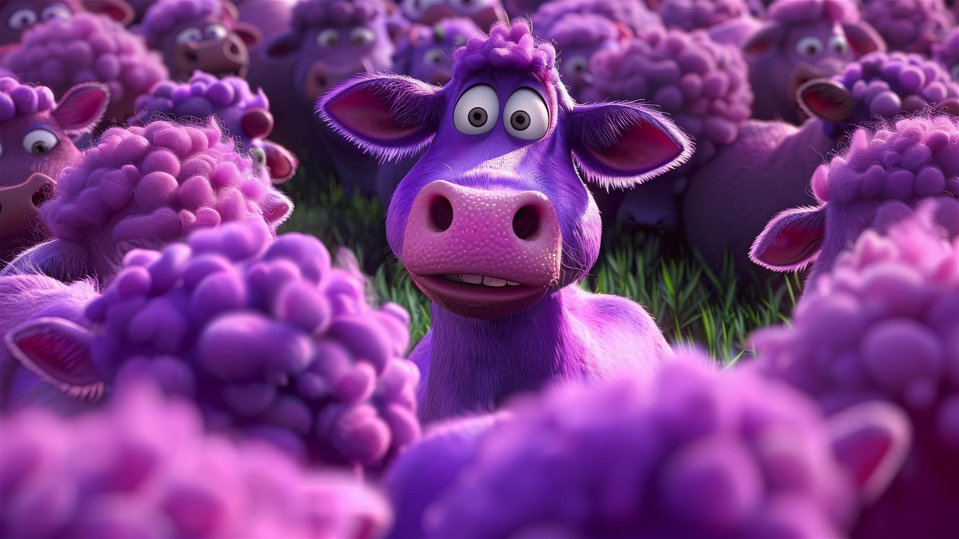 A cute Disney Pixar-style purple cow among plain cows