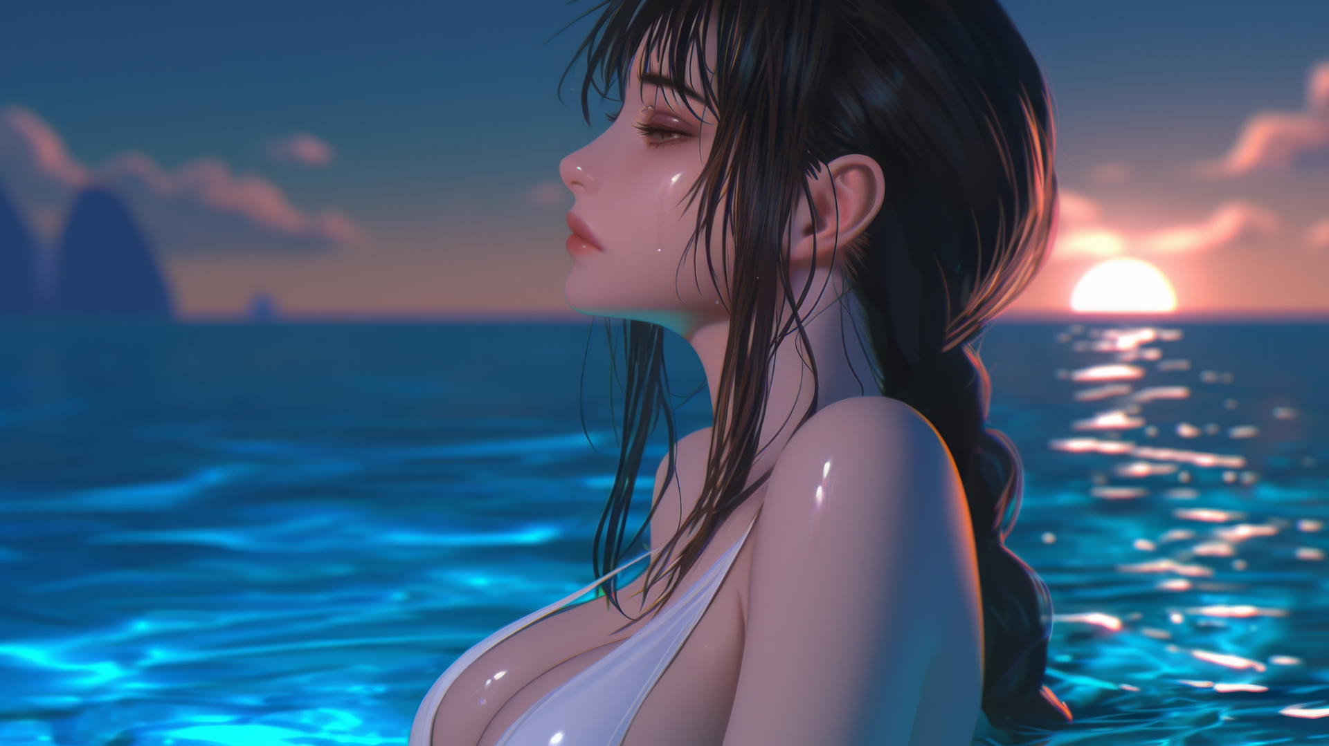 Makima from Chainsaw Man resting at sea during a neon pink sunset with a soft glow.
