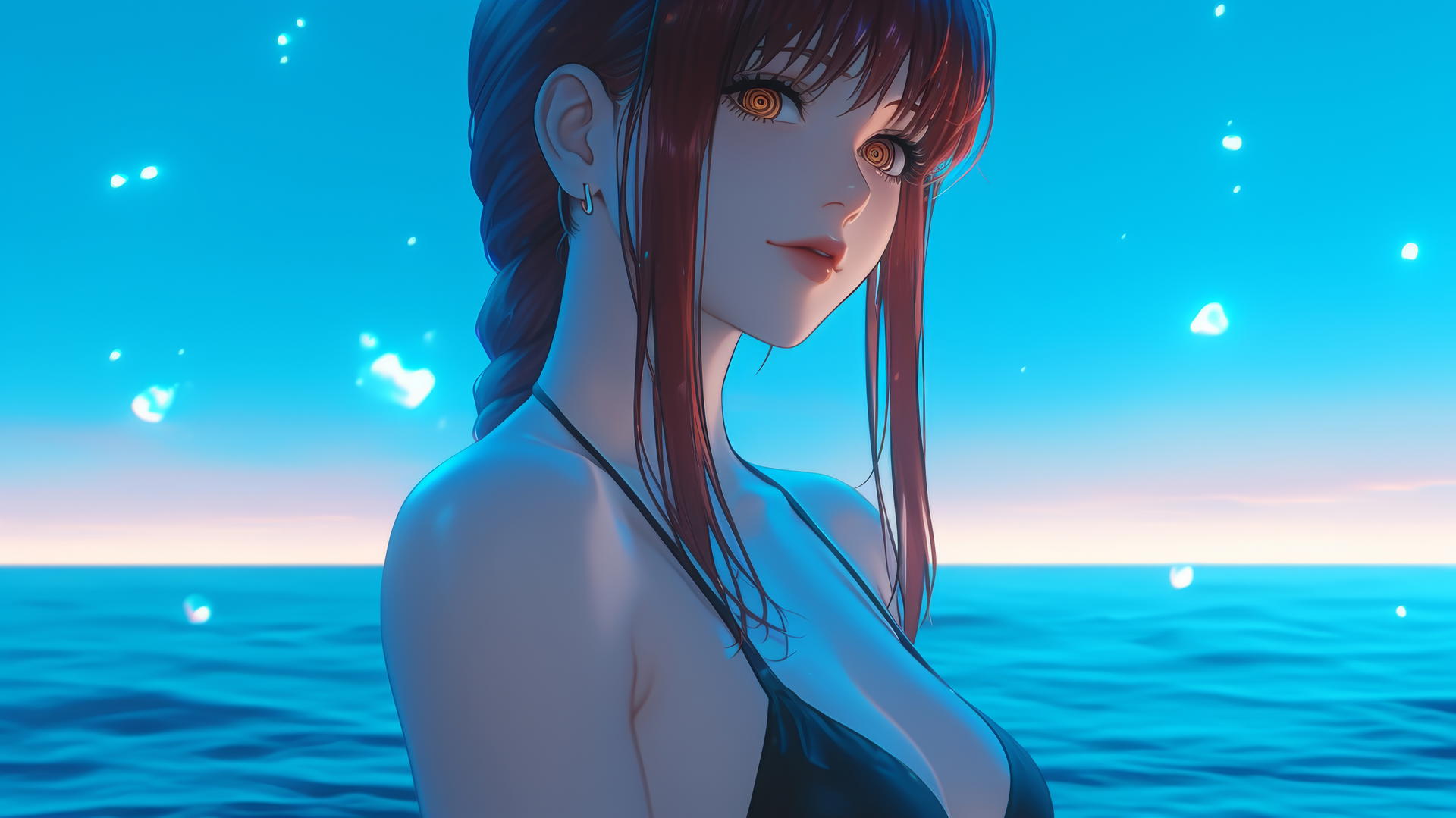 Makima from Chainsaw Man resting at sea during romantic neon sunset