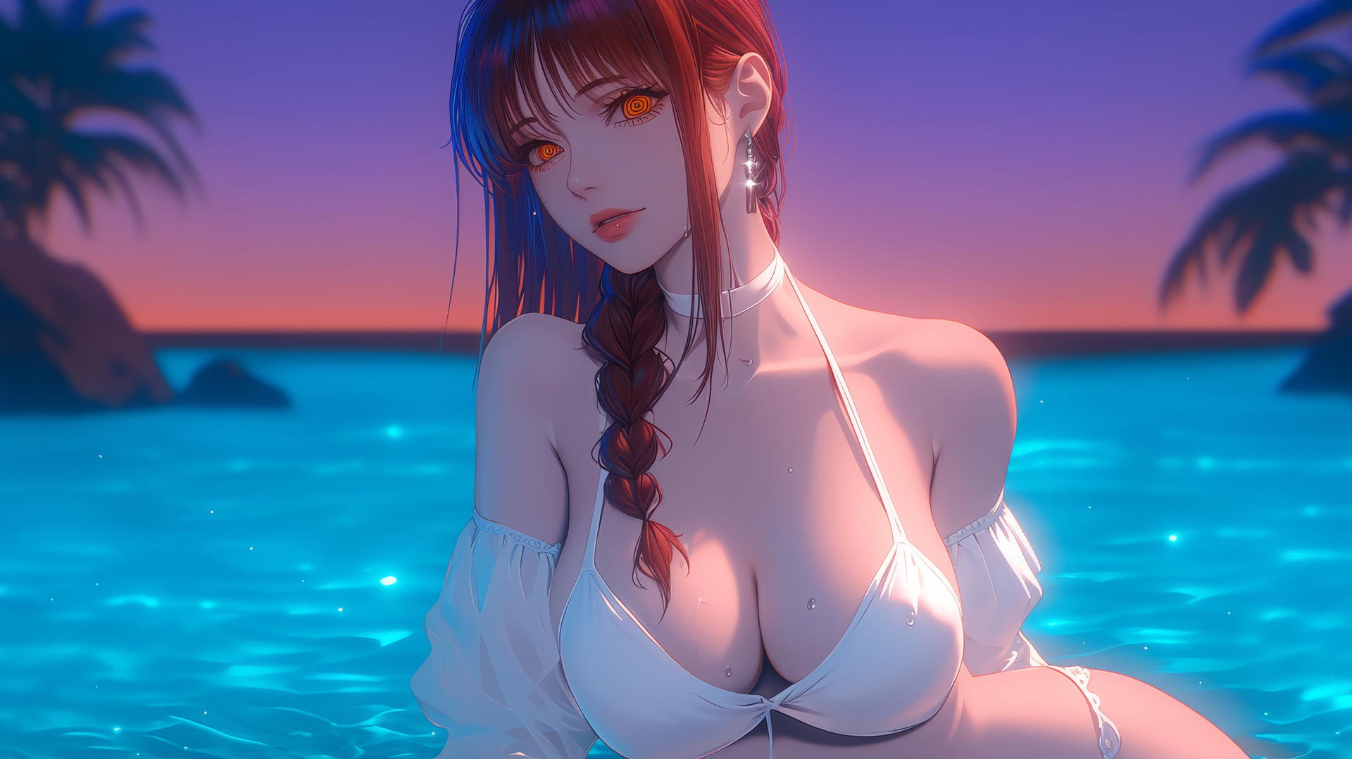 Makima from Chainsaw Man resting at sea during a neon pink romantic sunset.