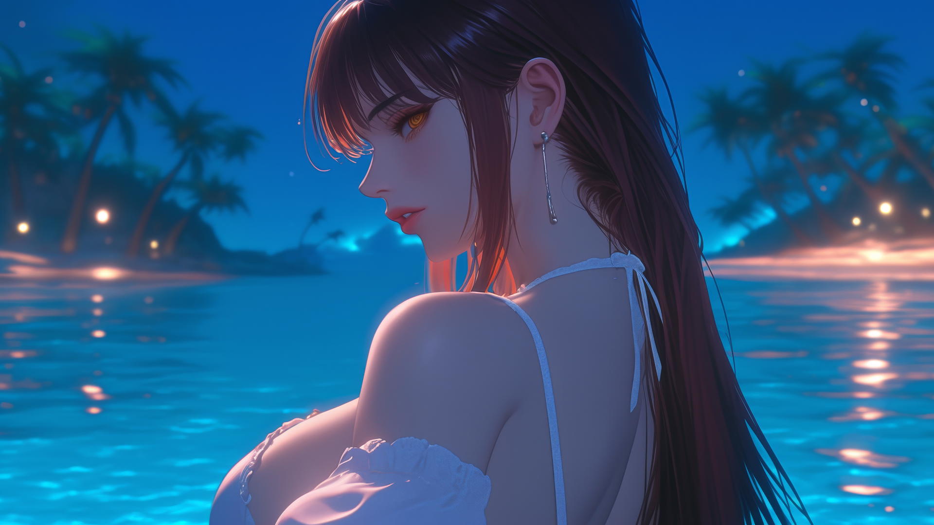 Makima from Chainsaw Man, lounging by the sea at sunset with a neon pink sky.
