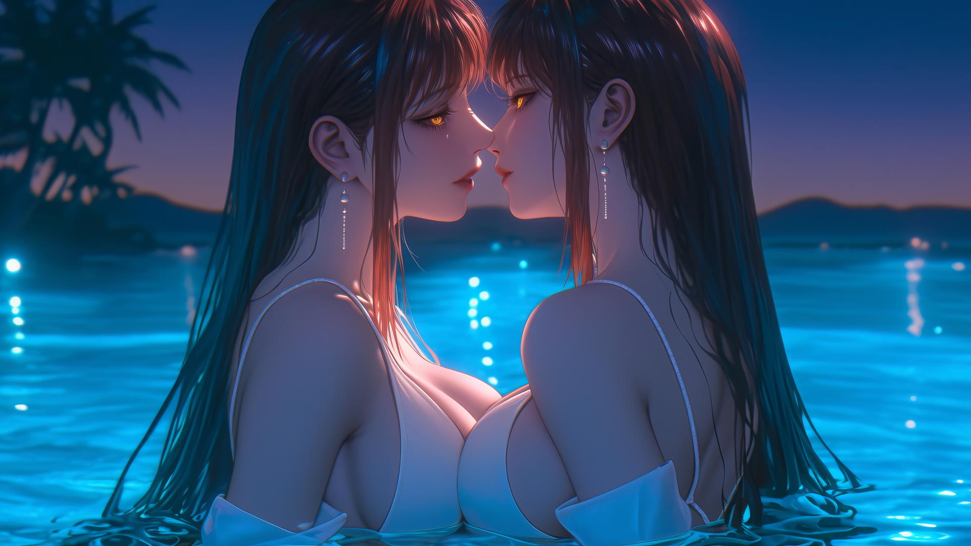 Makima from Chainsaw Man, resting at sea during a romantic neon pink sunset