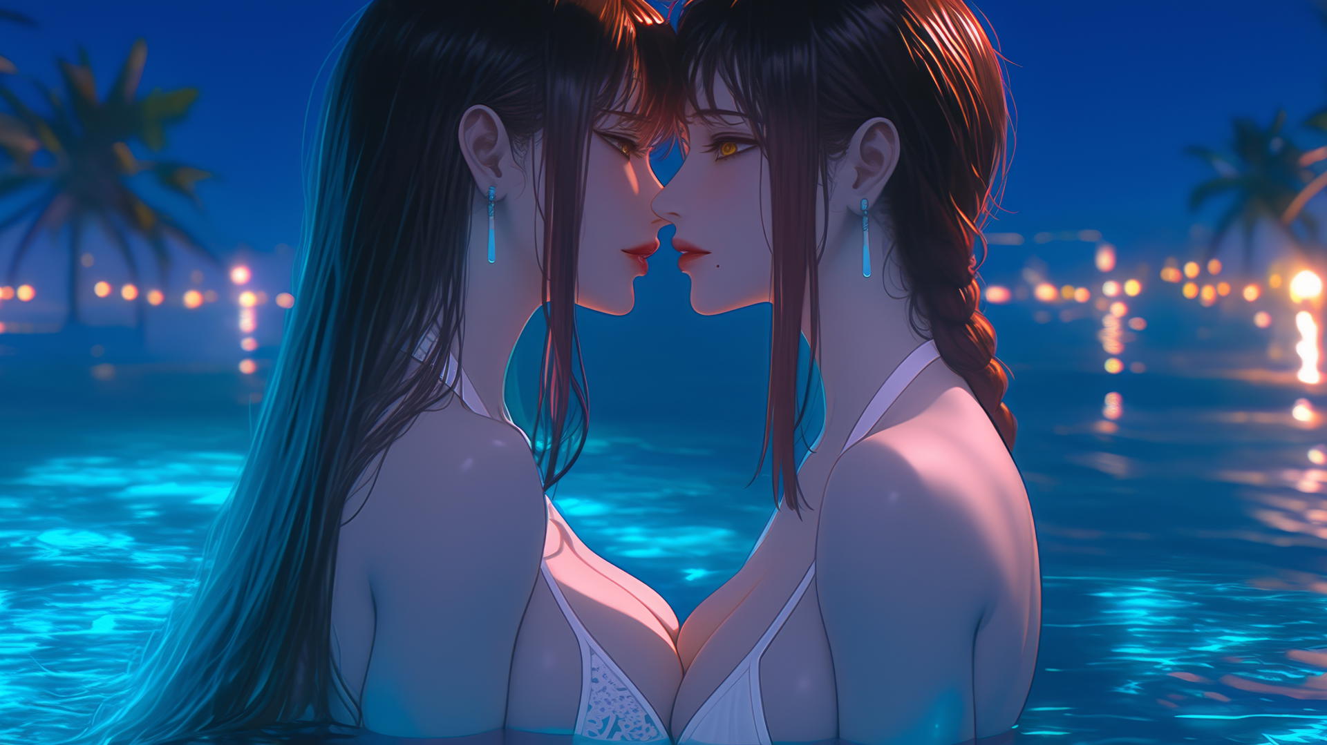 Makima from Chainsaw Man resting at sea during a romantic neon pink sunset