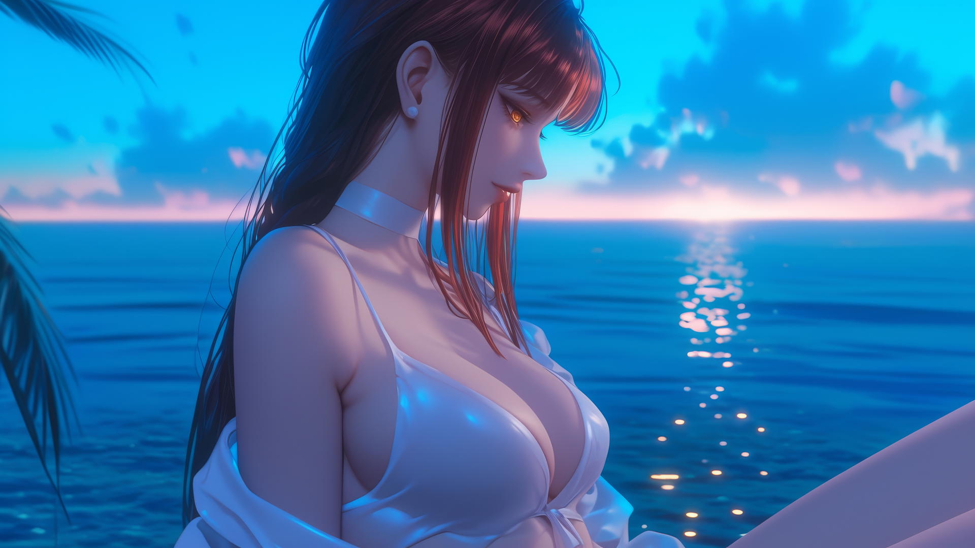 Makima from Chainsaw Man rests at sea during a neon pink sunset