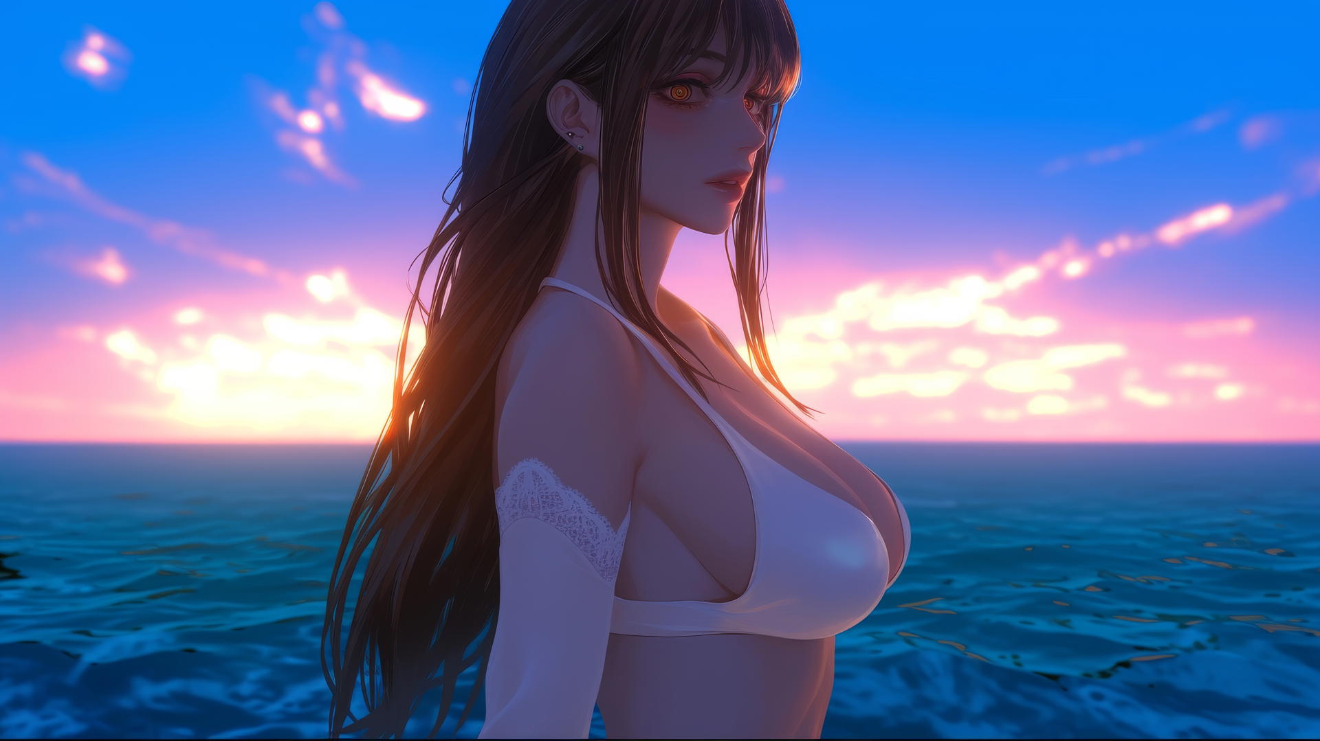 Makima from Chainsaw Man rests at sea during a romantic neon sunset