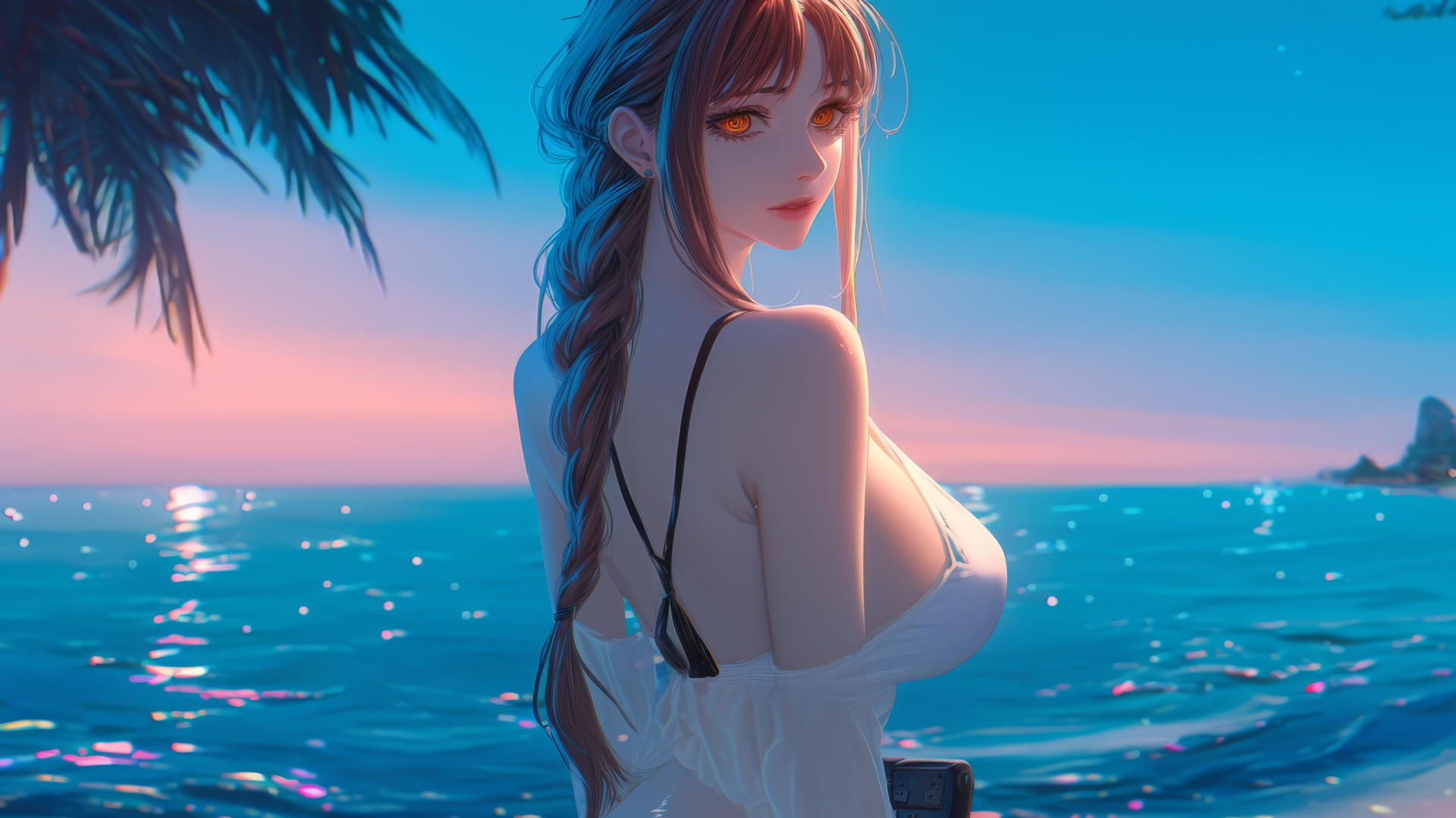 Makima from Chainsaw Man resting at sea during a neon pink sunset