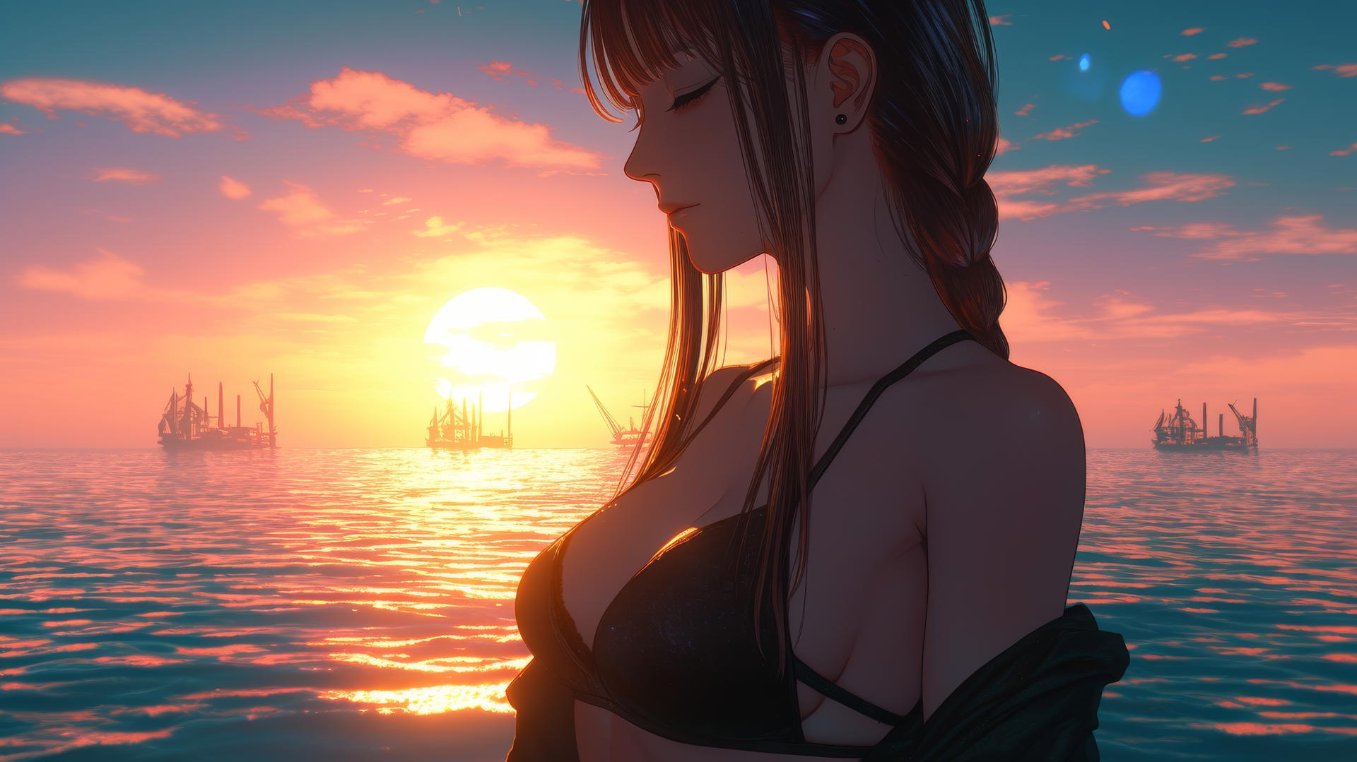 Makima from Chainsaw Man resting at sea during a romantic neon pink sunset