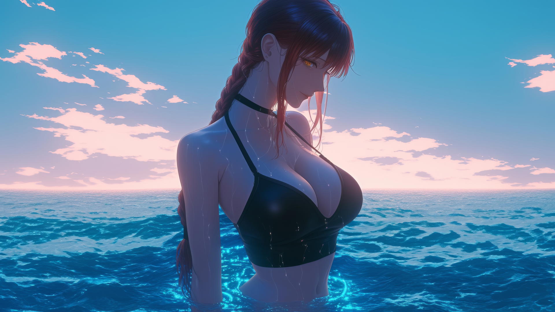 Makima from Chainsaw Man relaxing at sea during a neon pink sunset.