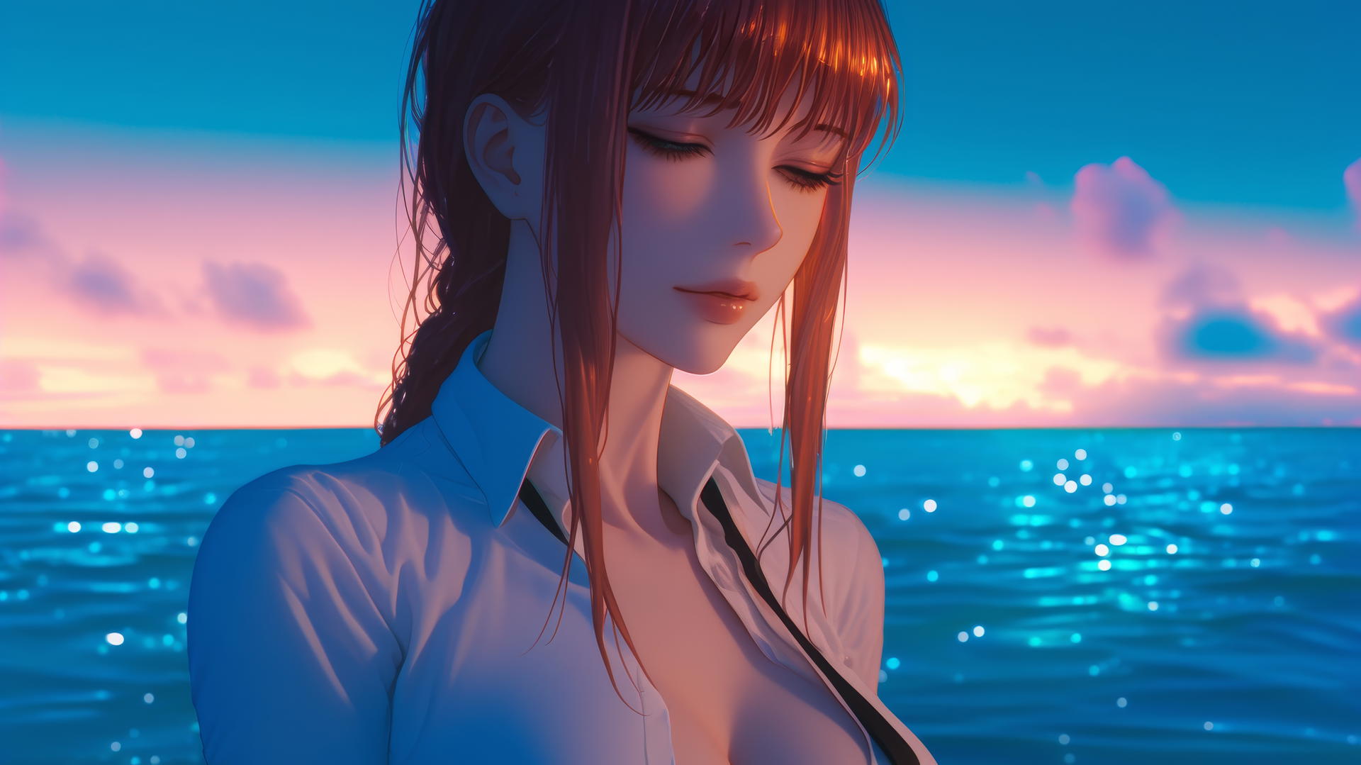 Makima from Chainsaw Man resting at sea during a romantic sunset, neon pink sky.