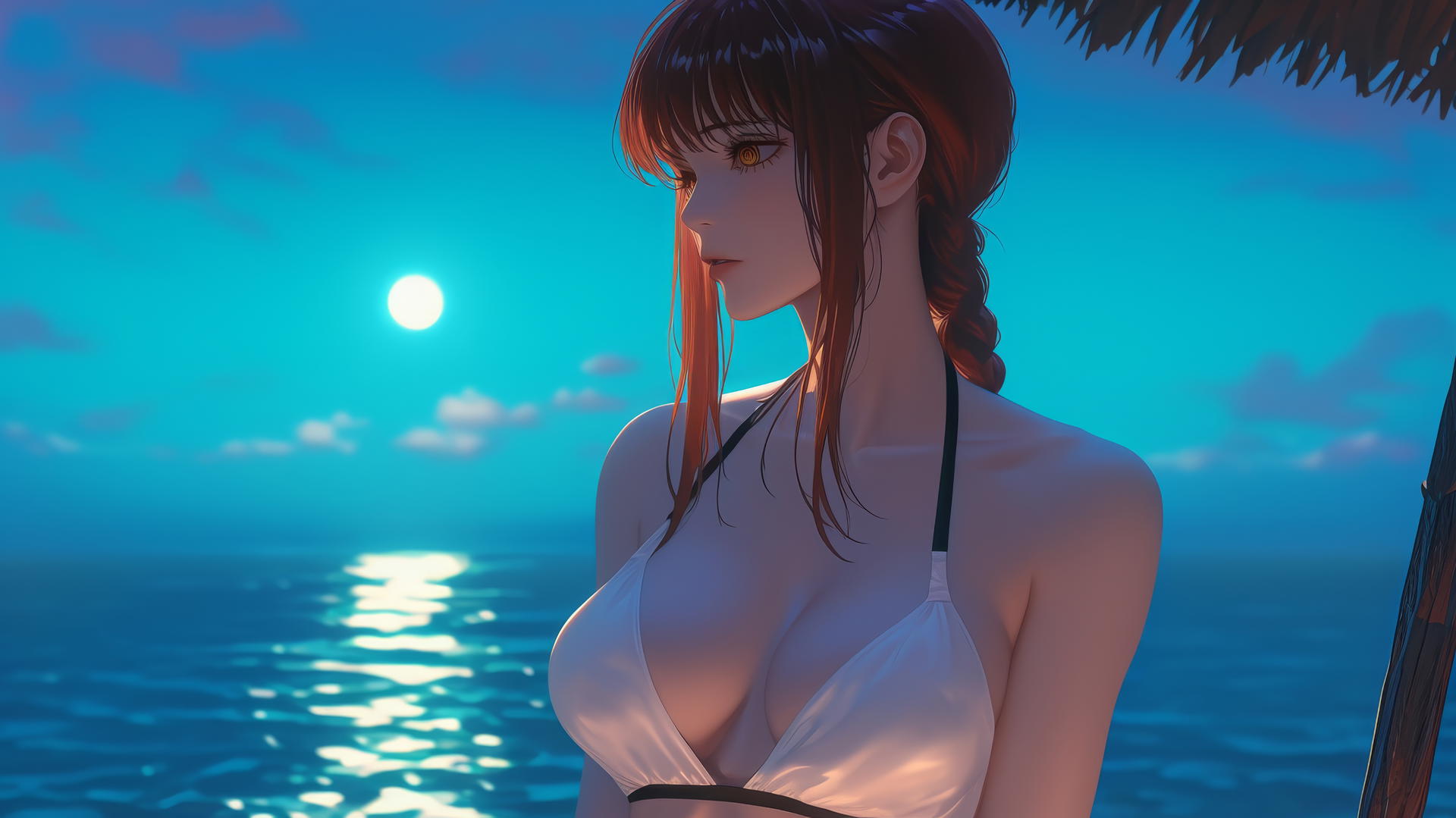 Makima from Chainsaw Man resting at sea during a romantic sunset with neon pink sky and soft neon light.