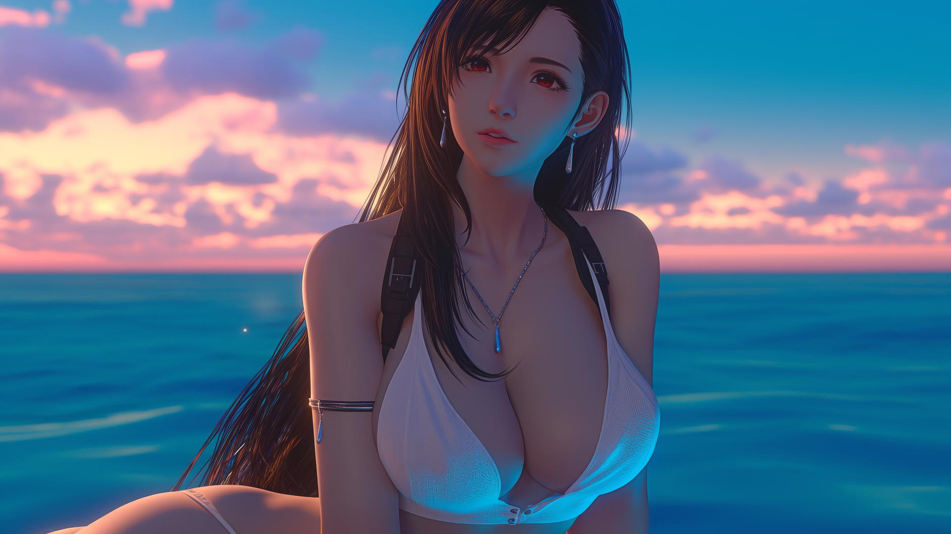 Tifa Lockhart from Final Fantasy resting at sea during a romantic neon pink sunset