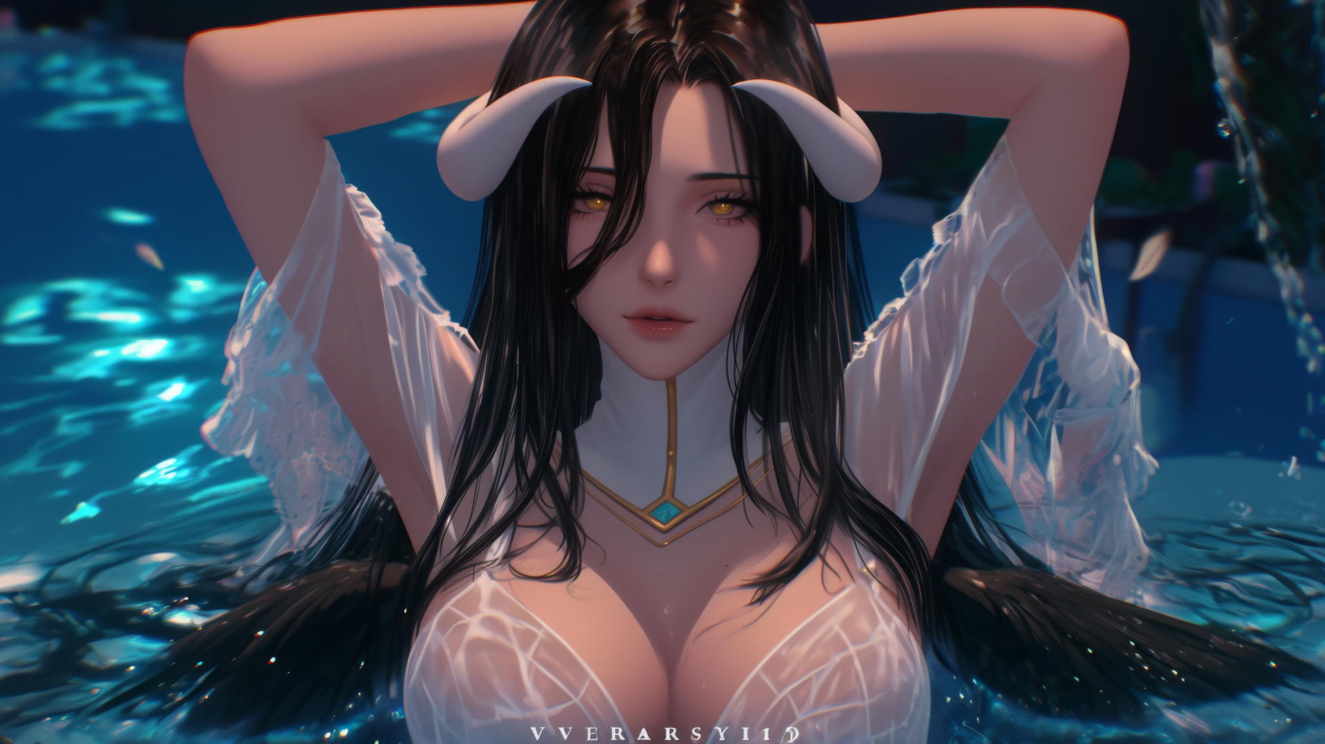 Albedo from Overlord in a modern hotel tub with warm lighting, golden irises, and horns.