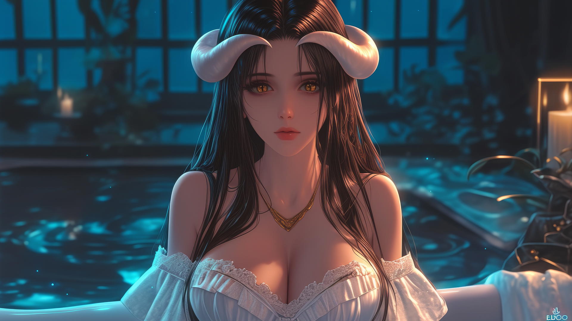 Albedo from Overlord in a modern hotel room with warm soft lighting