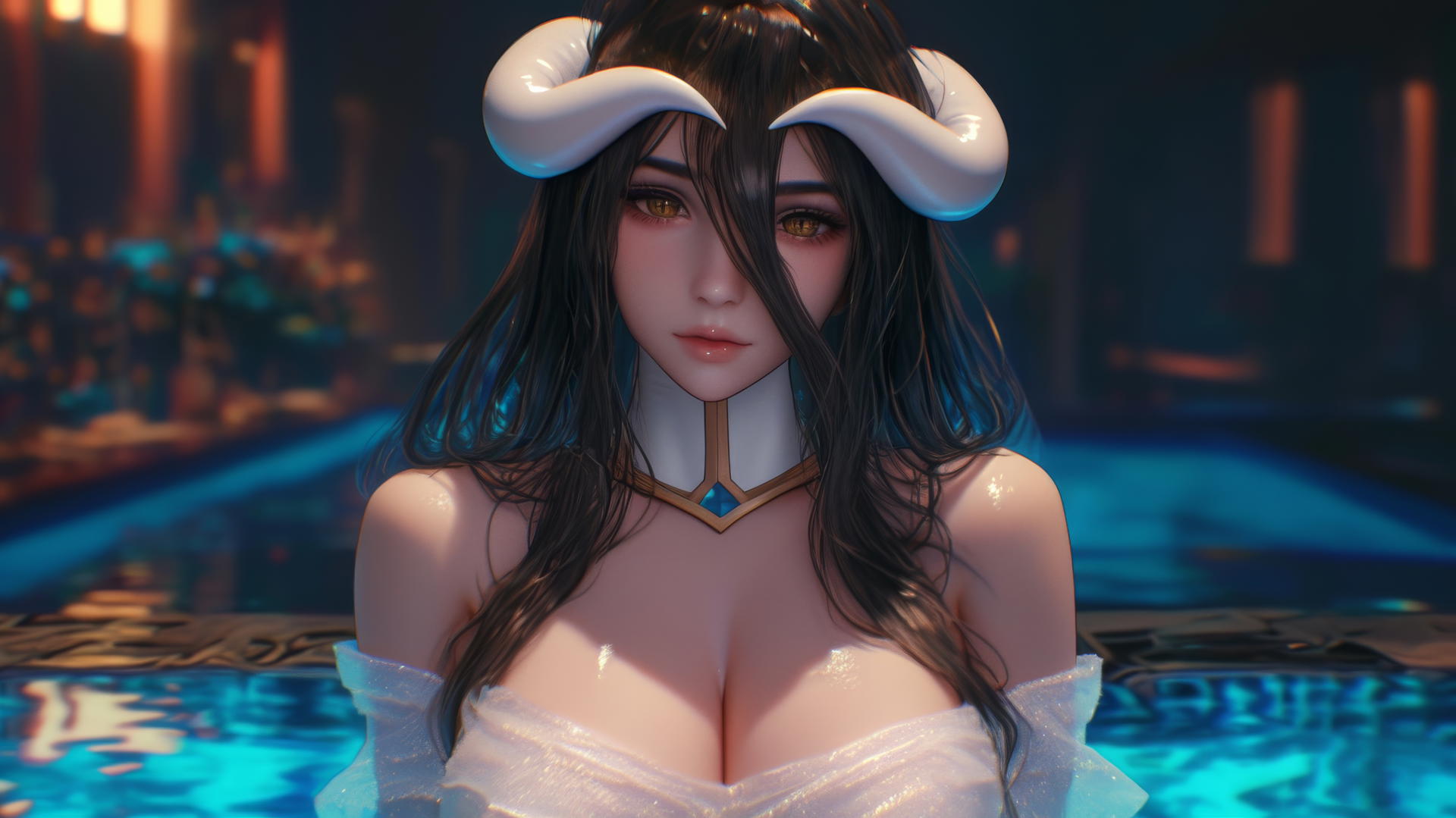 Albedo from Overlord in a hotel room with warm light, golden irises, split pupils, and horns.