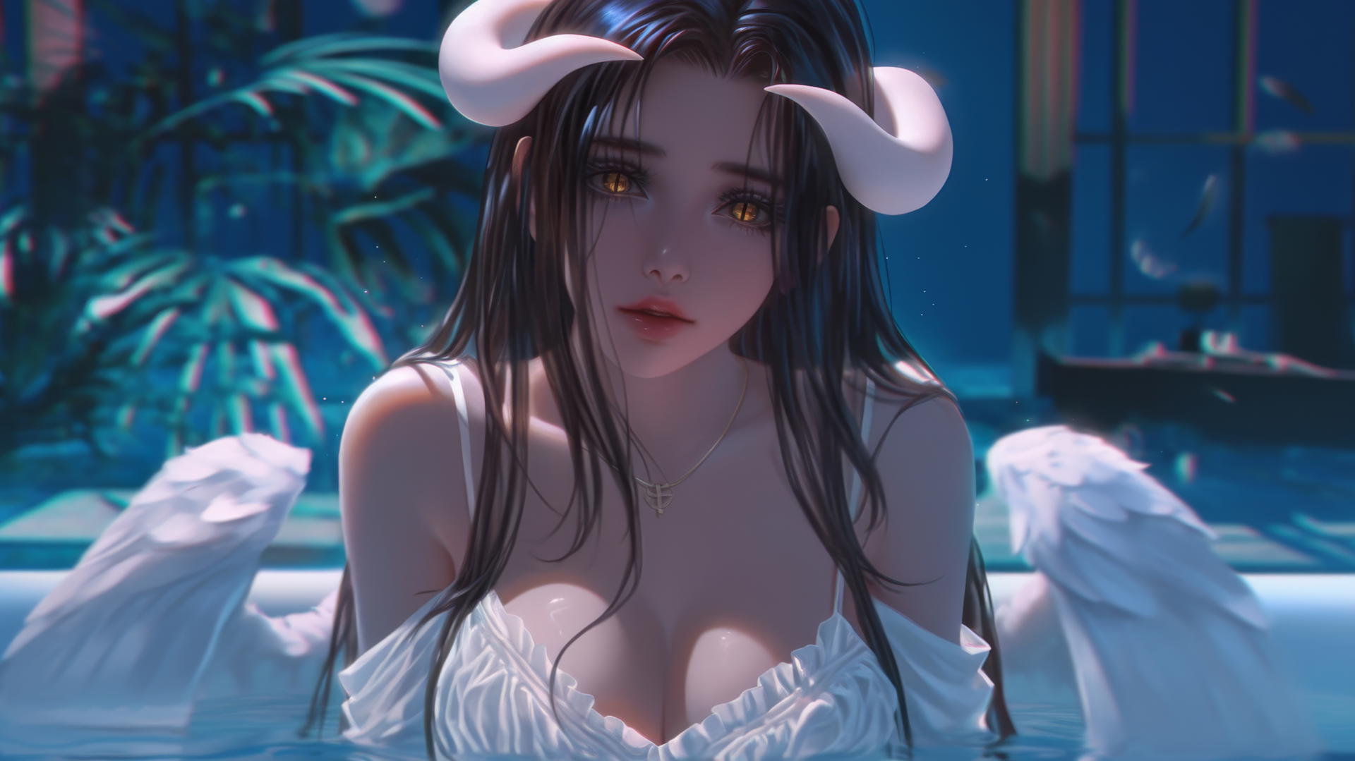 Albedo from Overlord in modern hotel room, soft warm light glow