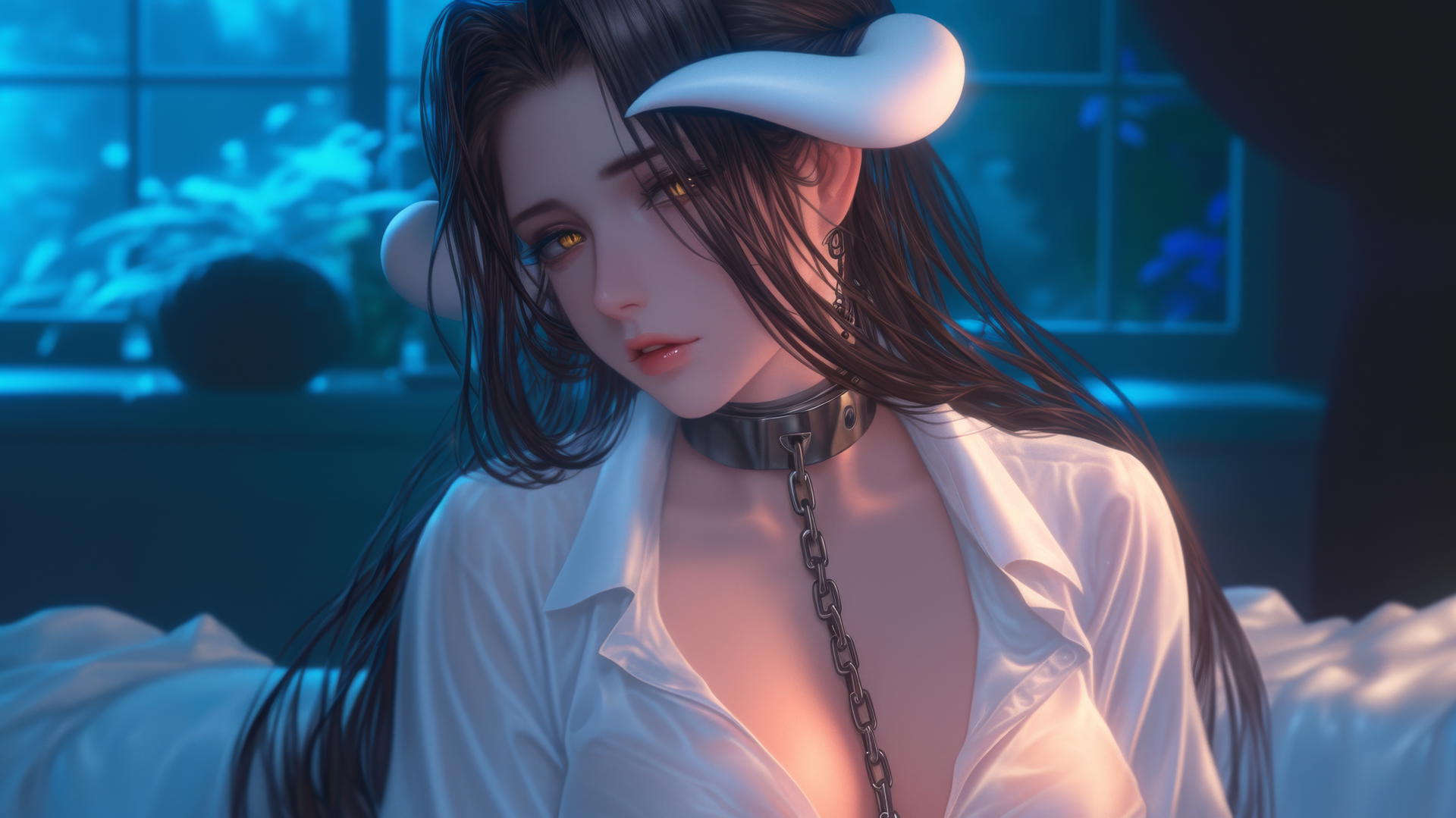 Albedo from Overlord in chains, wearing a white shirt in a hotel room with warm lighting