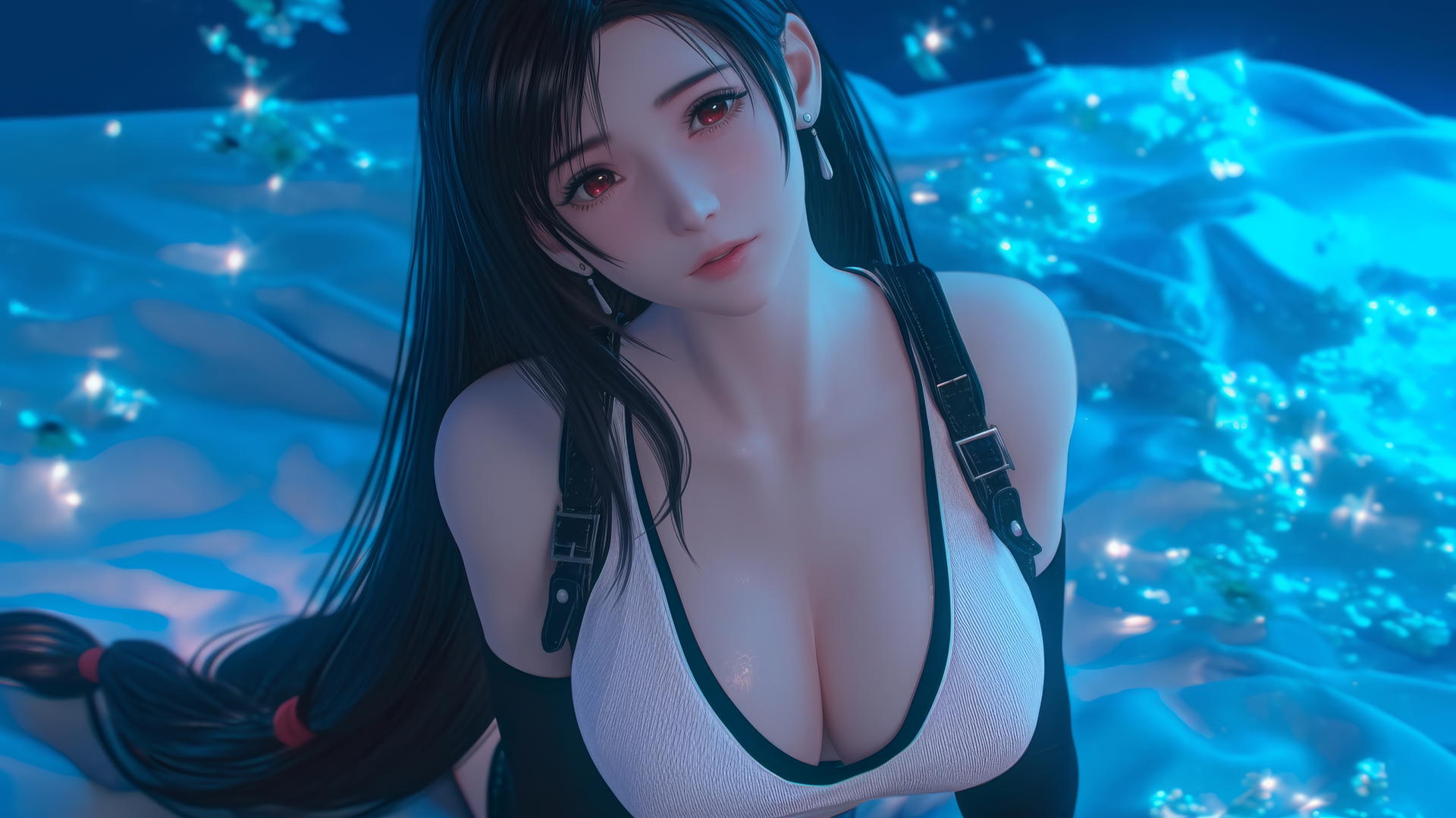Tifa Lockhart kneeling underfoot in a neon-lit modern hotel room.