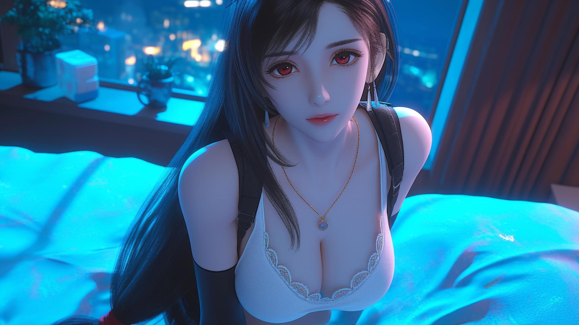 Tifa Lockhart kneeling underfoot in neon-lit modern hotel room