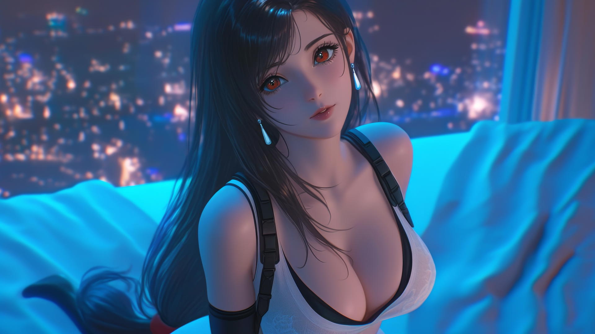 Tifa Lockhart kneeling underfoot in neon-lit hotel room.