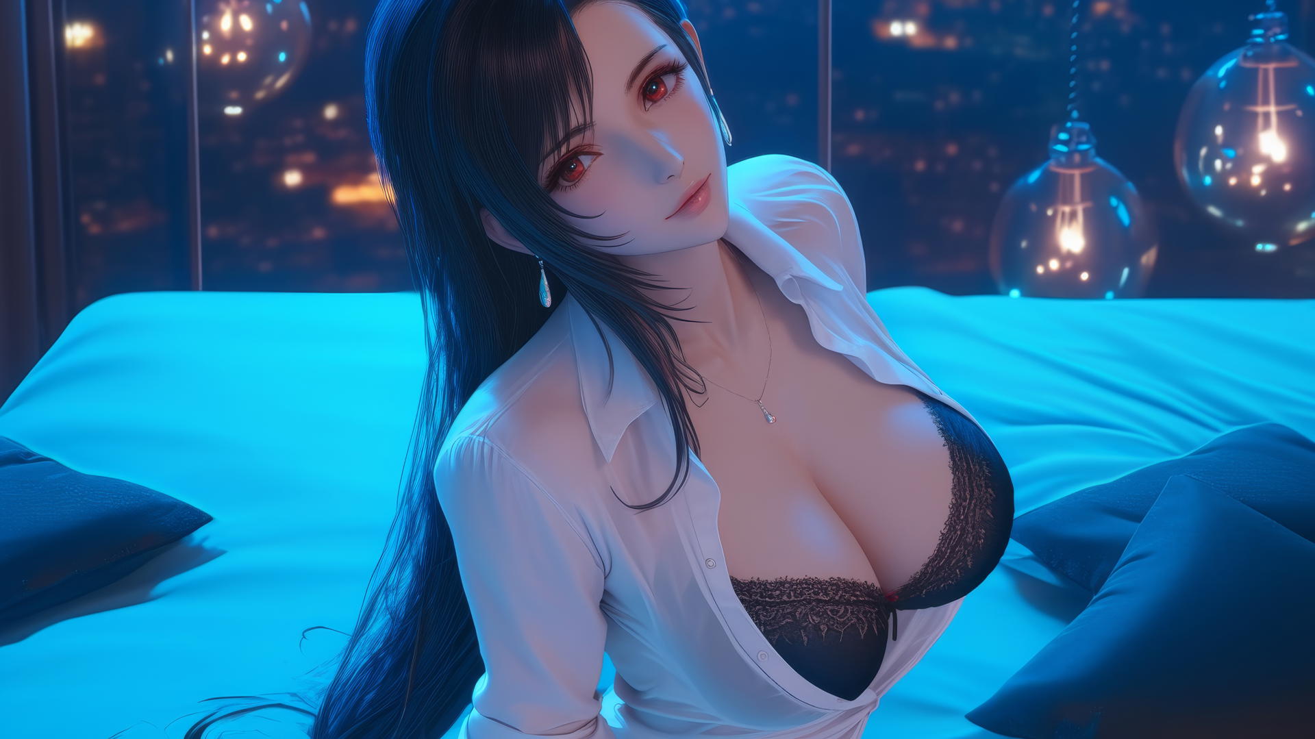 Tifa Lockhart kneeling in a white office shirt under neon light in a modern hotel room.