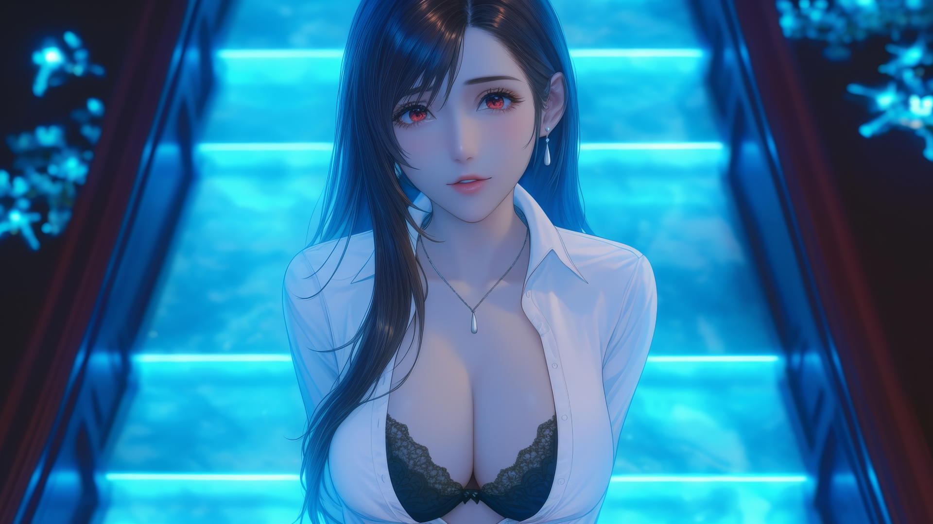Tifa Lockhart kneeling in a modern hotel room with neon light glow